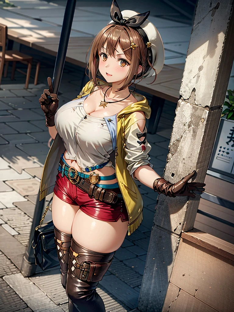 ((sexy look)), ((adult women)), riser, 1 girl, alone, shorts, gloves, belt bag, have, head ribbon, jewelry, 赤いshorts, brown hair, thick thighs, short shorts, bridal legwear, necklace, brown eyes, single glove, hair ornaments, Barrette, star necklace, leather, star (symbol), white hat, Brown gloves, Knee-high boots, short hair, thick thighs, leather Belt, brown belt, leather gloves, Jacket, thigh boots, ノースリーブJacket, thigh pouch, white thighs, clavicle, 黄色のJacket, brown shoes, cleavage, huge breasts, big breasts, outdoor, cowboy shot, Curvaceous, Are standing, front