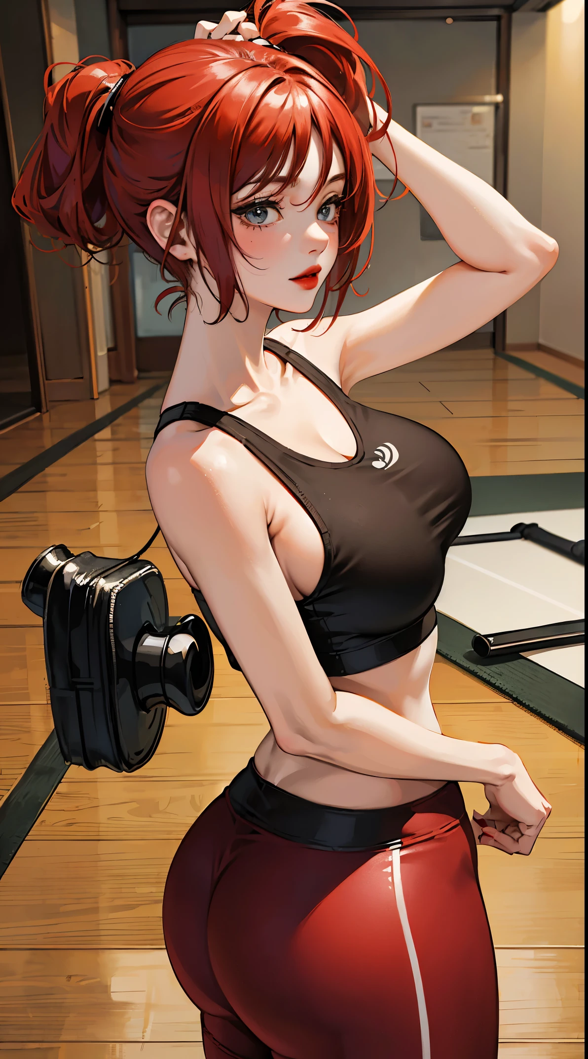 (masterpiece:1.2, best quality), (real picture)(masterpiece), (best quality), (ultra-detailed), 1 anime girl, red short hair, short yoga pants, yoga bra, big ass, woman, big boobs, Yoga mat, red lips