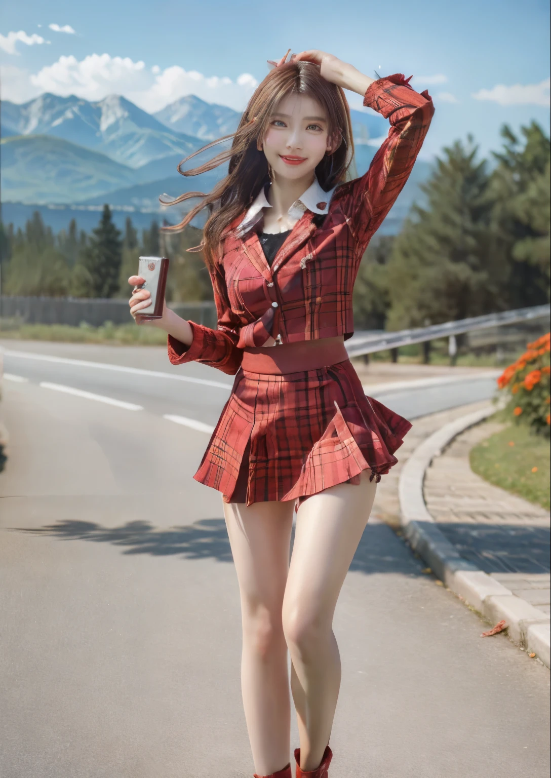 (realistic pictures:1.5), highest quality, ultra high resolution, woman, 17 years old, (Red tartan check miniskirt:1.2), (He holds a metallic red smartphone in his right hand.:1.3), super cute face, light brown hair, round eyes, (red eyes:1.5), high nose, smile, ((Red marguerite hair ornament on the right side of the head:1.2)), long, slender legs, white skin, 8K, asian beauty, Thin double eyelids, smile, light pink lips, Ash-brown hair, The cutest in the world,
