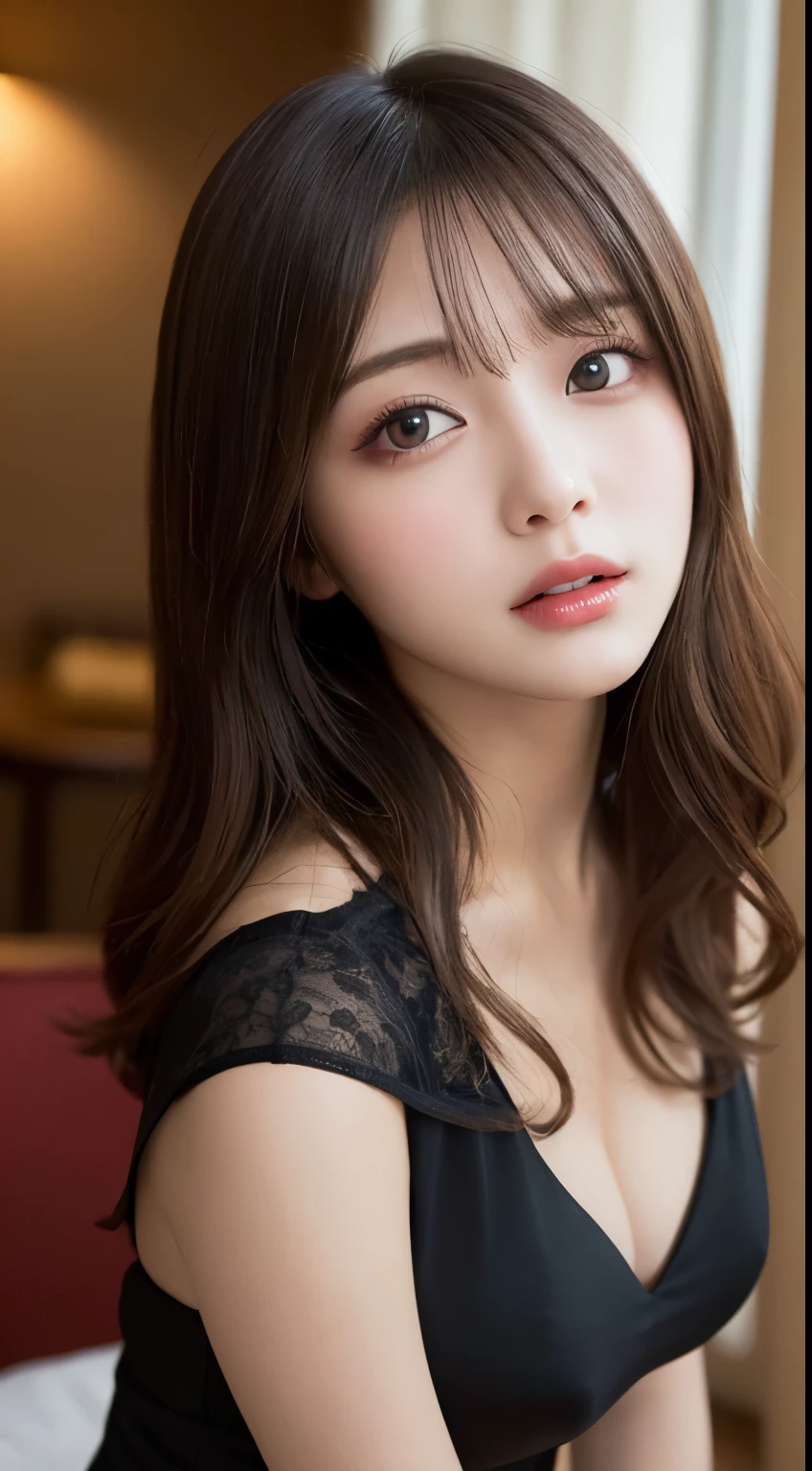 table top, highest quality, shape, Super detailed, finely, High resolution, 8k wallpaper, 完璧なダイナミックな構shape, beautiful and detailed eyes , Hotel(Bet,Black sheets), sexy face,face of ecstasy,Face at the peak of sexual excitement