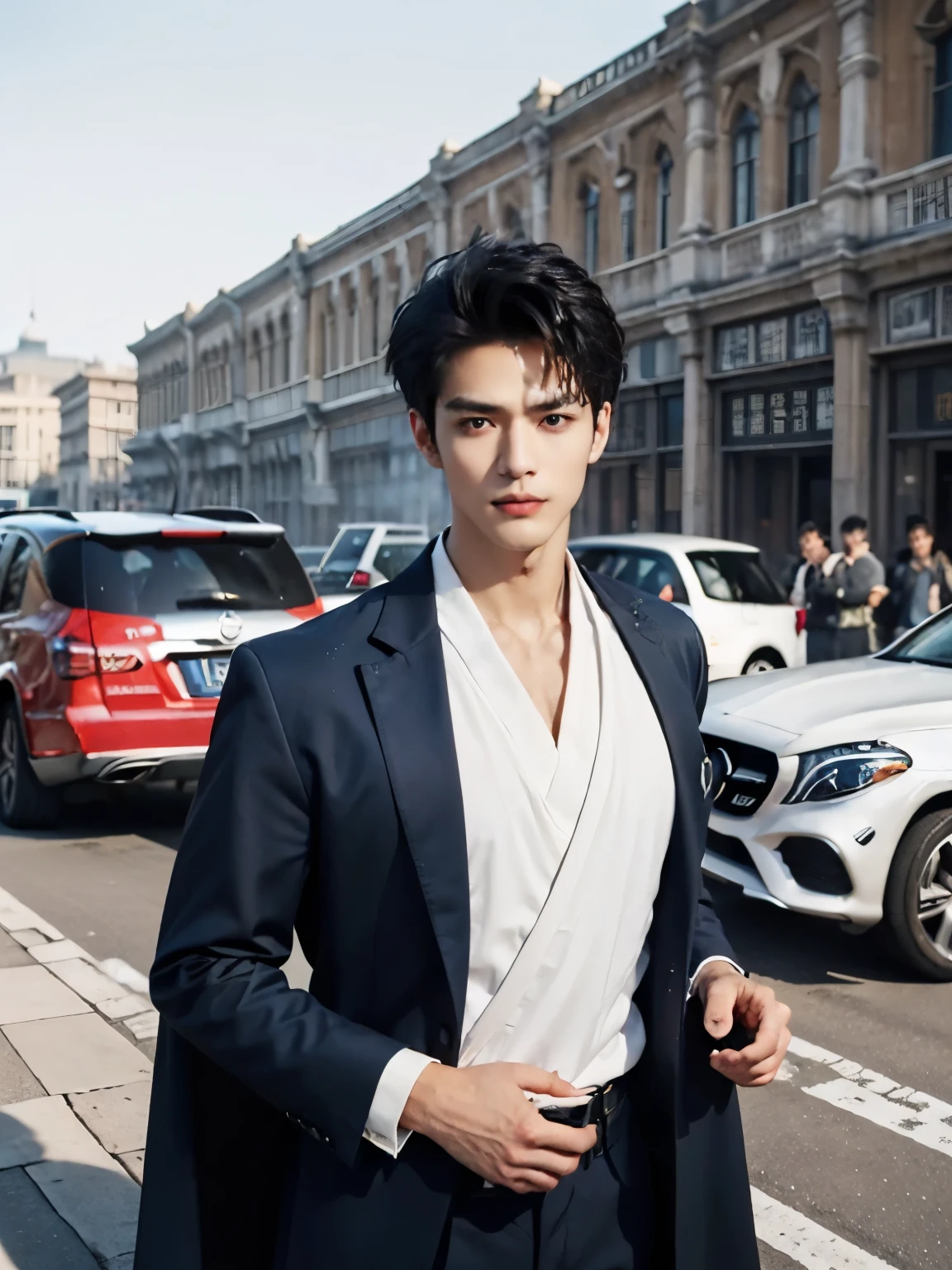 (male character design），（Messy white flying long hair：1.2）, （Affectionate Chinese handsome guy Lan Ling stands in front of Mercedes Benz Big G：1.0），（Pan An’s outfits for modern and fashionable men&#39;s blue sweater suit pants：1.37），Pan An’s skin is fair and flawless，The bridge of his nose is high and straight，(long,Messy shawl hair：1.1），（double eyelids, Bright Eyes, Big clear and bright eyes），sad prince，Food with red lips and white teeth，gentle melancholy，Pan An is tall and tall.，He has a strong physique，Toned muscles，Fresh and toned abs, His exquisite facial features，Kingly style， （Main color blue：0.8），background：Mercedes Benz Big G