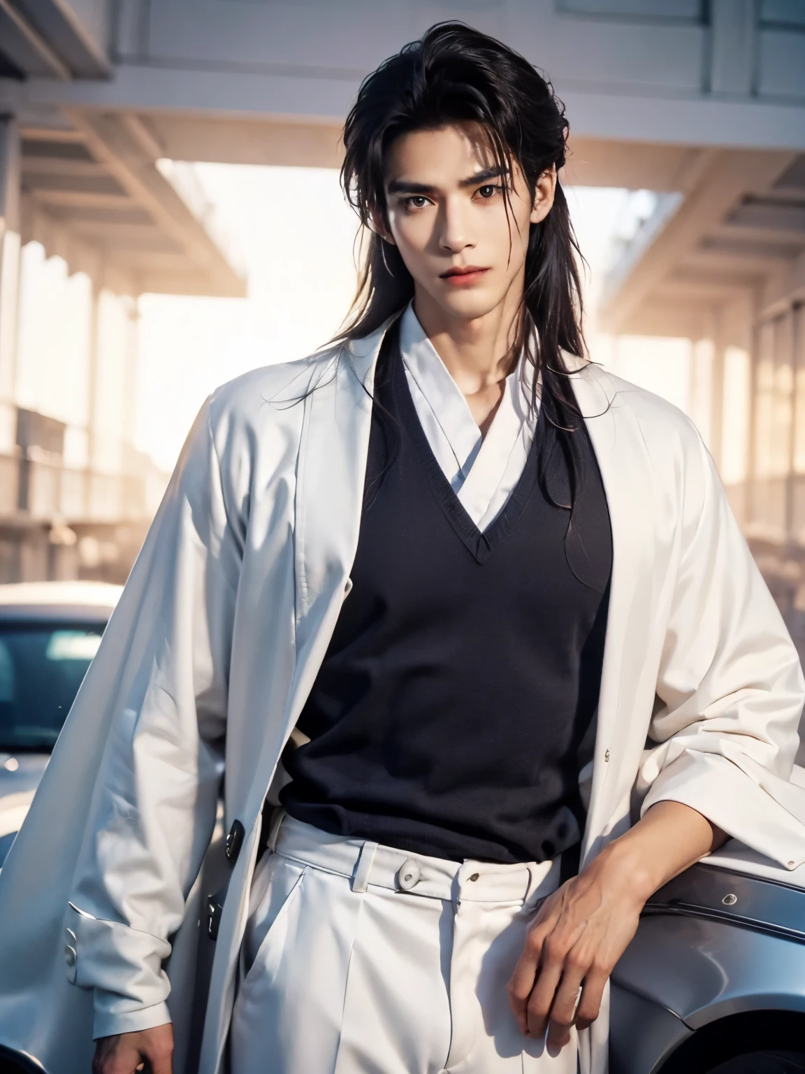 (male character design），（Messy white flying long hair：1.2）, （Affectionate Chinese handsome guy Lan Ling stands in front of Mercedes Benz Big G：1.0），（Pan An’s outfits for modern and fashionable men&#39;s blue sweater suit pants：1.37），Pan An’s skin is fair and flawless，The bridge of his nose is high and straight，(long,Messy shawl hair：1.1），（double eyelids, Bright Eyes, Big clear and bright eyes），sad prince，Food with red lips and white teeth，gentle melancholy，Pan An is tall and tall.，He has a strong physique，Toned muscles，Fresh and toned abs, His exquisite facial features，Kingly style， （Main color blue：0.8），background：Mercedes Benz Big G