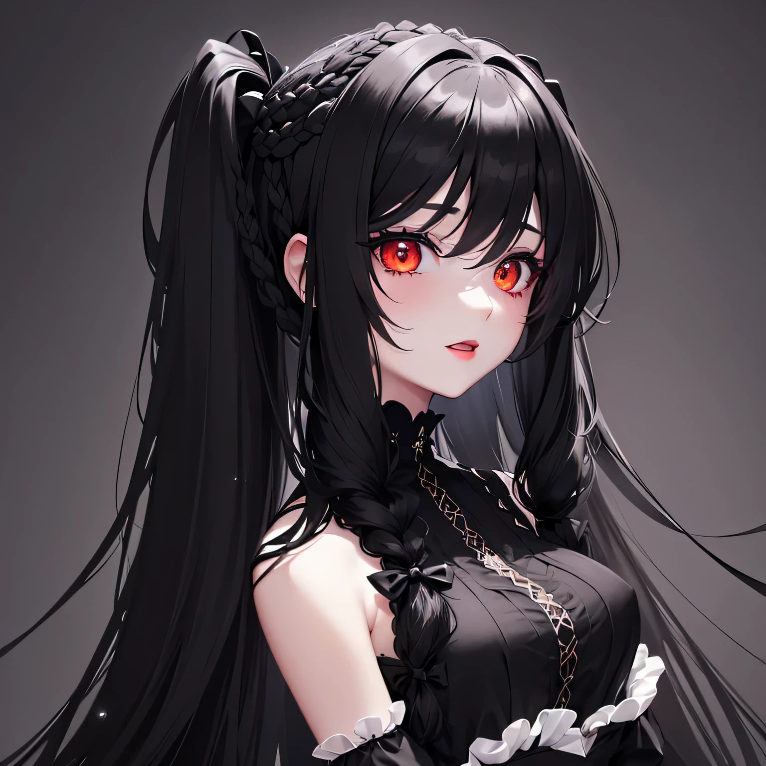 1 girl,Depp's Sense,confused,catch light,Super beautiful illustration,(black color,long hairstyles:1.6),turn around,dark dark eyeshadow,bright red lipstick,Gothic ta,Upper body,;d,beautiful and delicate flowing hair,delicate and detailed red eyes,big breasts