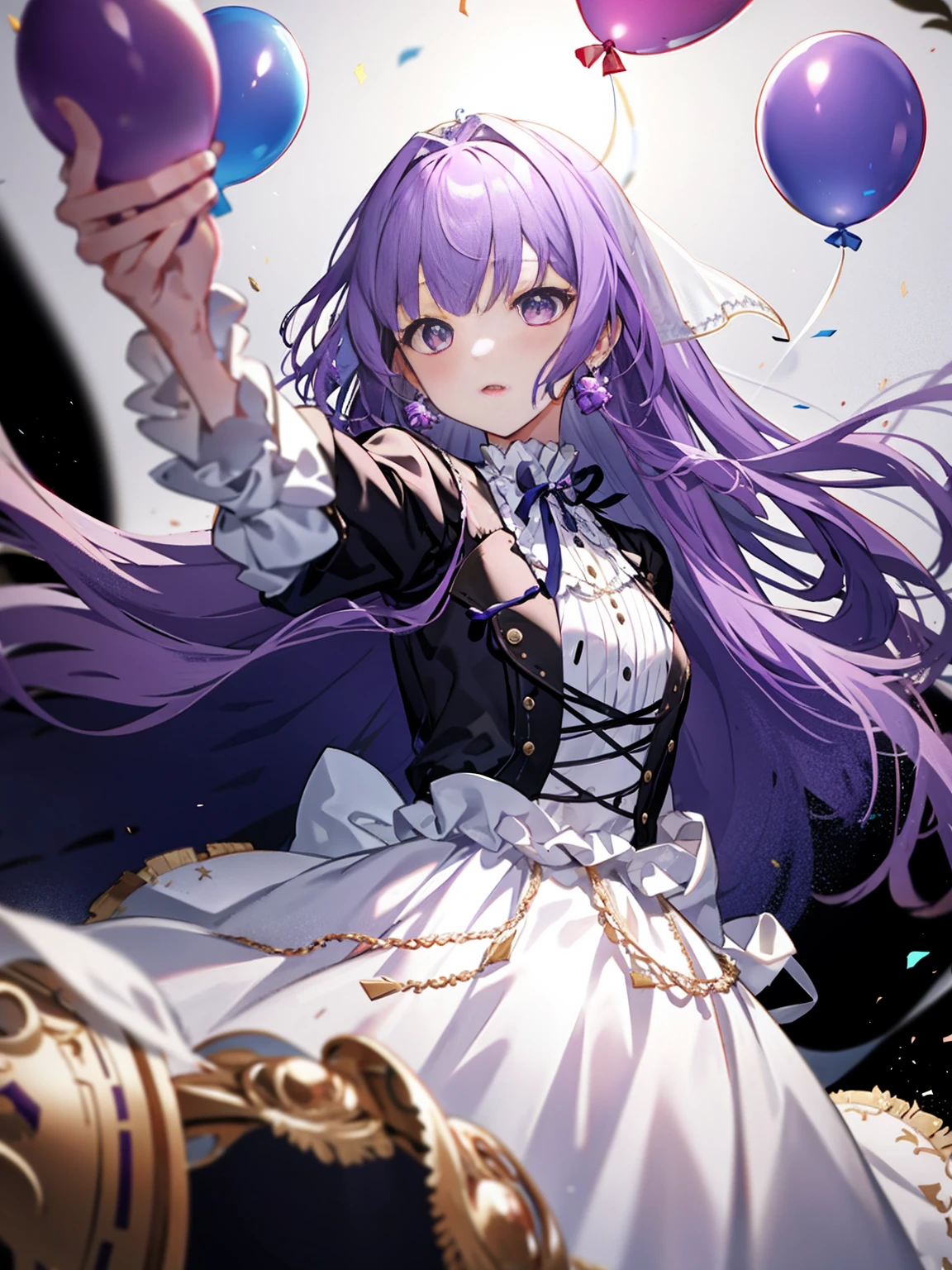 1 girl、purple hair、long hair、Wedding dress、balloon、ribbon、white background、simple background