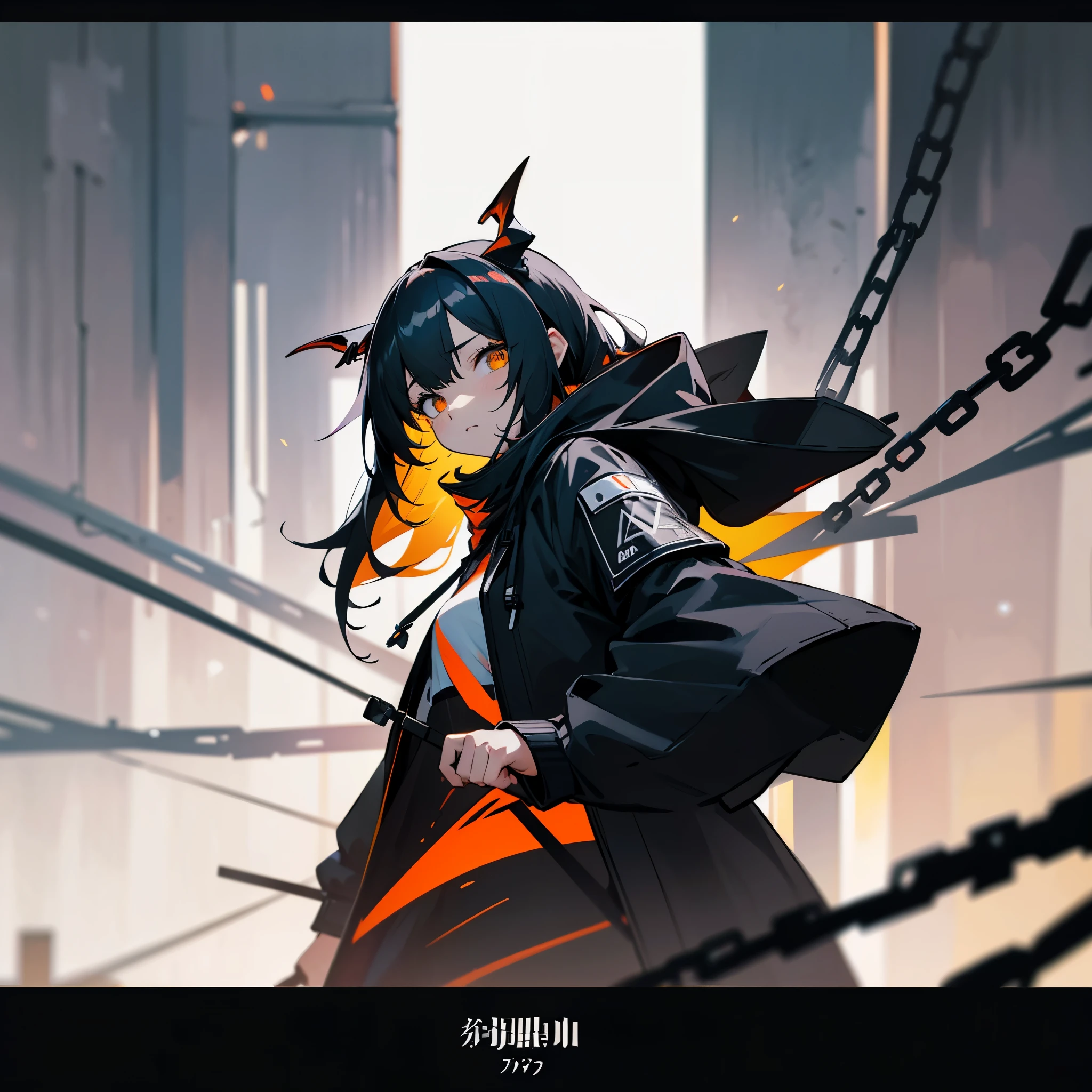 1girl, jacket, outdoor, hoodie, open jacket, chain,cute, kawai, looking at another, trending on artstation, 8k resolution, highly detailed, anatomically correct, sharp image, digital painting, concept art, trending on pixiv, soft femenine colors ,yellow, monocromatic colors, black and white, attractive aspect, hot look, arknights looks, arknights anime, devil horns, detailed anime eyes
