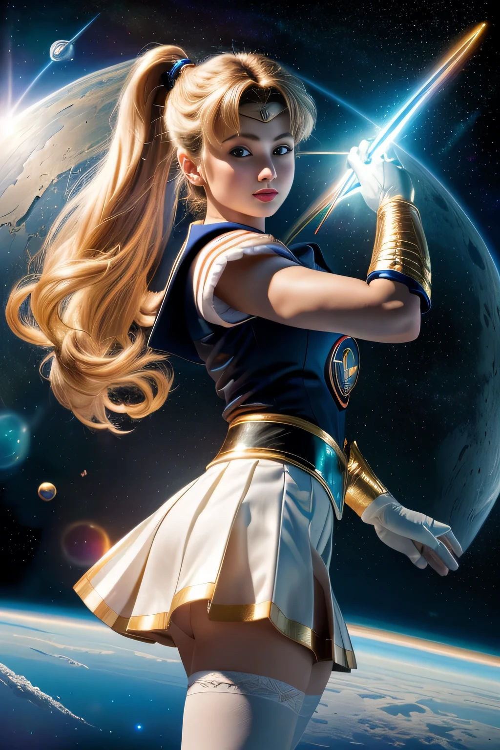 (Highly detailed CG Unity 8K wallpaper, masterpiece, 最high quality), (exquisite light and shadow, Very dramatic pictures, cinematic lens effects), (sailor moon), delicate features, plump body, double ponytail, blue eyes, long blonde hair, tight top, white gloves, mini skirt, black stockings, dynamic pose), ((The background is space)), (excellent details, excellent lighting, wide angle), (Excellent rendering is、Enough to stand out in class), pieces fly, 最high quality, Super detailed, masterpiece, 最high quality, high quality, High resolution、unparalleled beauty、(holds big things, round shield on right hand)、((Complex and colorful costumes))、Pose with movement、