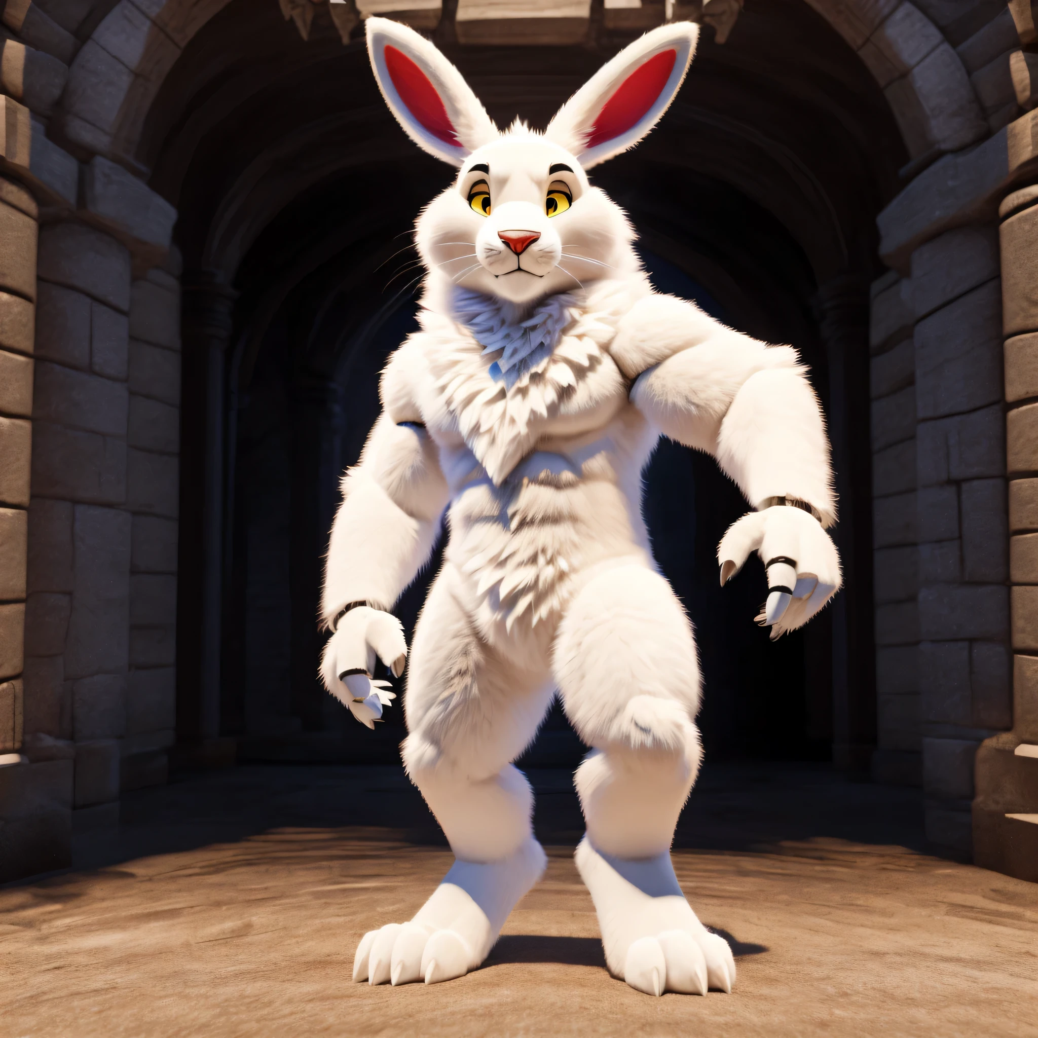 A 7 foot tall animatronic male white rabbit with yellow eyes. 8k HD, hdr, masterpiece, full body, ultra detailed eyes, ultra detailed body, ultra detailed face,