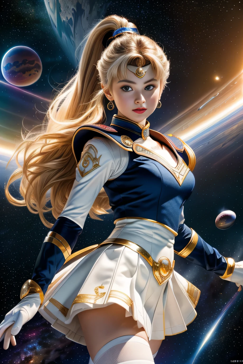 (Highly detailed CG Unity 8K wallpaper, masterpiece, 最high quality), (exquisite light and shadow, Very dramatic pictures, cinematic lens effects), (sailor moon), delicate features, plump body, double ponytail, blue eyes, long blonde hair, tight top, white gloves, mini skirt, black stockings, dynamic pose), ((The background is space)), (excellent details, excellent lighting, wide angle), (Excellent rendering is、Enough to stand out in class), pieces fly, 最high quality, Super detailed, masterpiece, 最high quality, high quality, High resolution、unparalleled beauty、(holds big things, round shield on right hand)、((Complex and colorful costumes))、Pose with movement、
