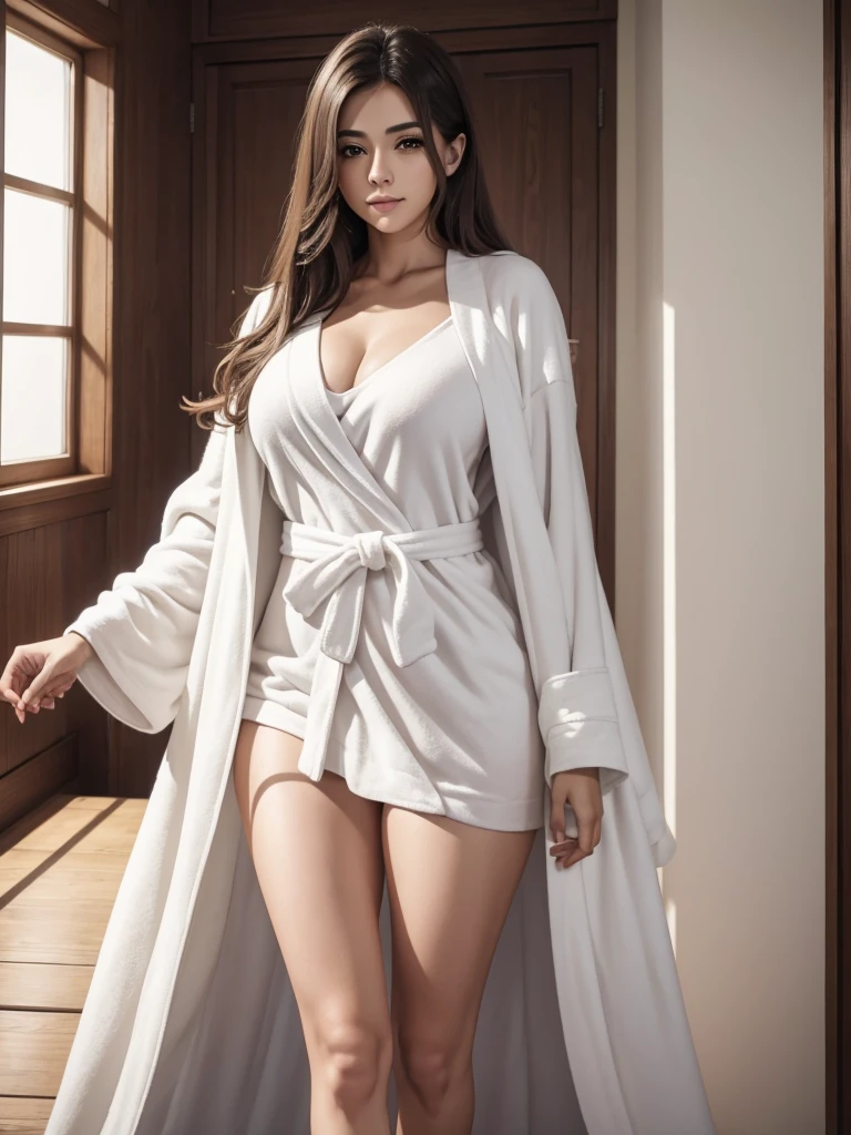 melhor qualidade, 4k, realista uma bela mulher sexy seu seios redondos e grandes duros, she is standing in front of you, ela esta de (TERRY BATHROBE white cloak) branca com decote aberto, seu cabelo e muito compridos que se espalha com vento com um Sorriso malicioso.