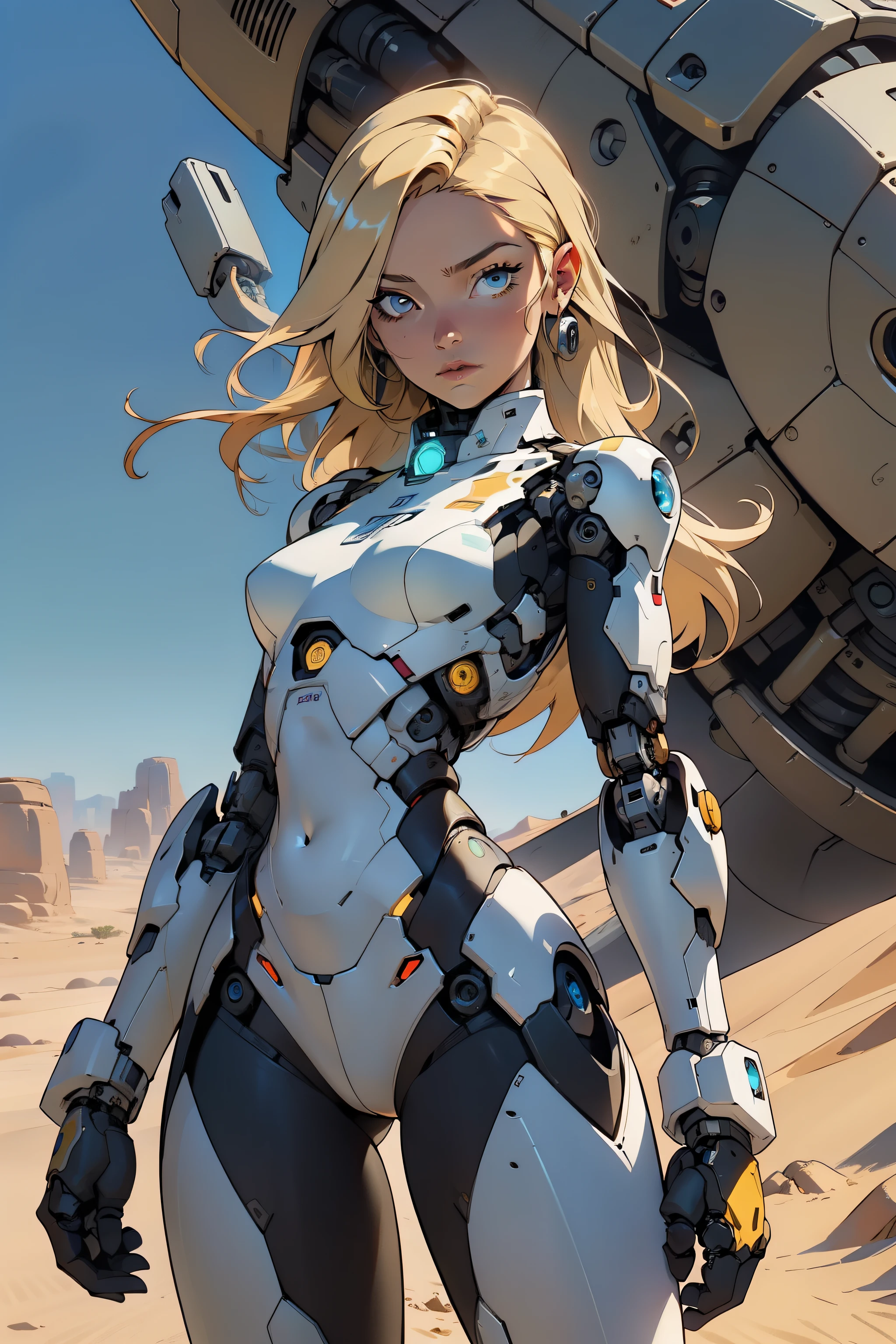 high quality, 4k, masterpiece, beautiful, cyborg girl, cowboy shot, dull eyes, looking at viewer, long blonde hair, girl, small breasts, fit thigh, robotic arms, robotic body, cyborg body, yellow accent, intricate detail, joint, detailed lines, robotic detail, holding fist up, holding hand up as fist, color robotic parts, robotic parts with color, perfect fingers, on a desert planet, sunny background, colorful desert,
