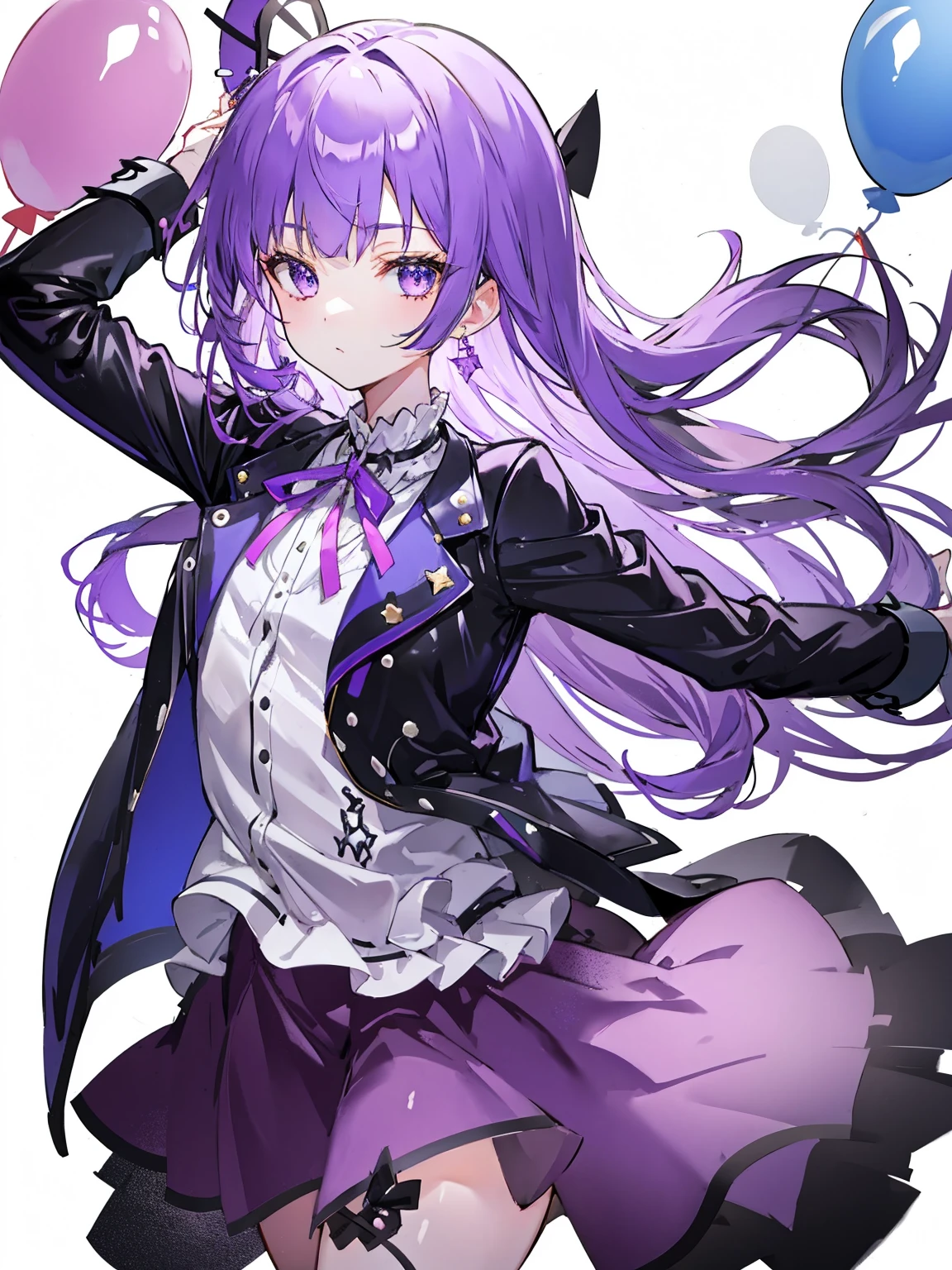 1 girl、purple hair、long hair、leather jacket、gas mask、balloon、ribbon、white background、simple background