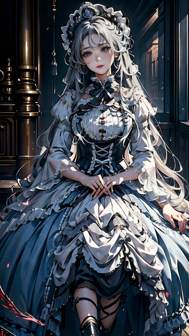 (((masterpiece)))、((highest quality))、(Super detailed)、(CG illustration)、(very beautiful girl))、cinematic light、((1 Mechanical Girl))、 SF、Apocalypse、Erotic grotesque、graduate school(beautiful and luxurious:1.2)、(1 girl:1.3)、facing the front,silver long hair,corset,high waist skirt,