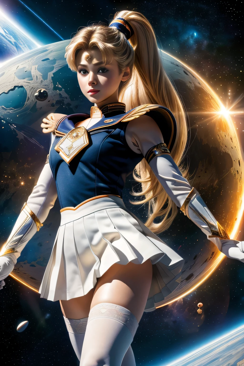 (Highly detailed CG Unity 8K wallpaper, masterpiece, 最high quality), (exquisite light and shadow, Very dramatic pictures, cinematic lens effects), (sailor moon), delicate features, plump body, double ponytail, blue eyes, long blonde hair, tight top, white gloves, mini skirt, black stockings, dynamic pose), ((The background is space)), (excellent details, excellent lighting, wide angle), (Excellent rendering is、Enough to stand out in class), pieces fly, 最high quality, Super detailed, masterpiece, 最high quality, high quality, High resolution、unparalleled beauty、(holds big things, round shield on right hand)、colorful costumes