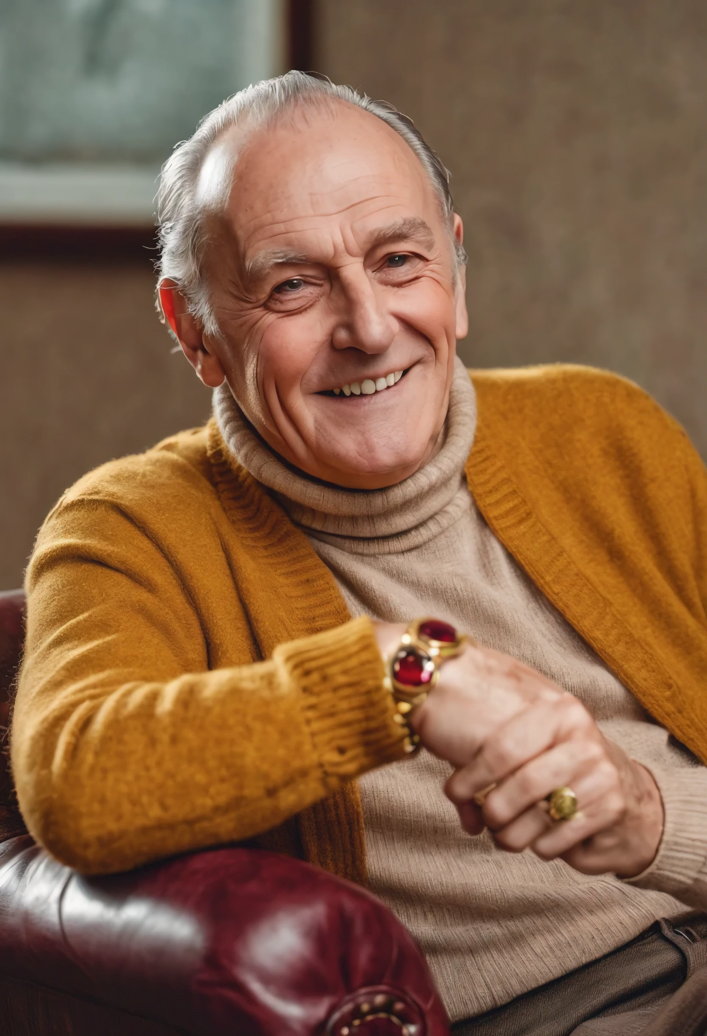 very sinister scary 60 year old man wearing a beige turtleneck and mustard brown cardigan, large ruby stone ring, gold bracelet, smiling, 80's children's television presenter, promo photo, smug smirk, promotional portrait, promo image, television set background, sitting in an old armchair