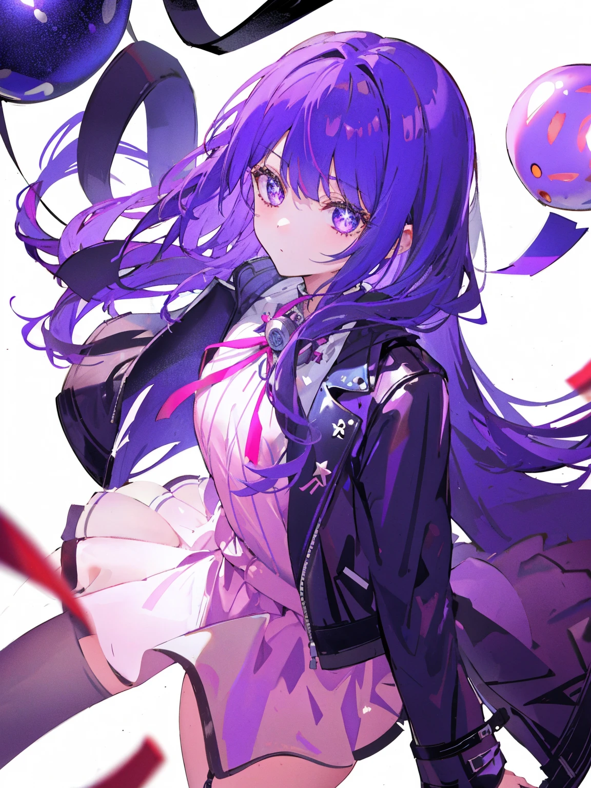 1 girl、purple hair、long hair、leather jacket、gas mask、balloon、ribbon、white background、simple background