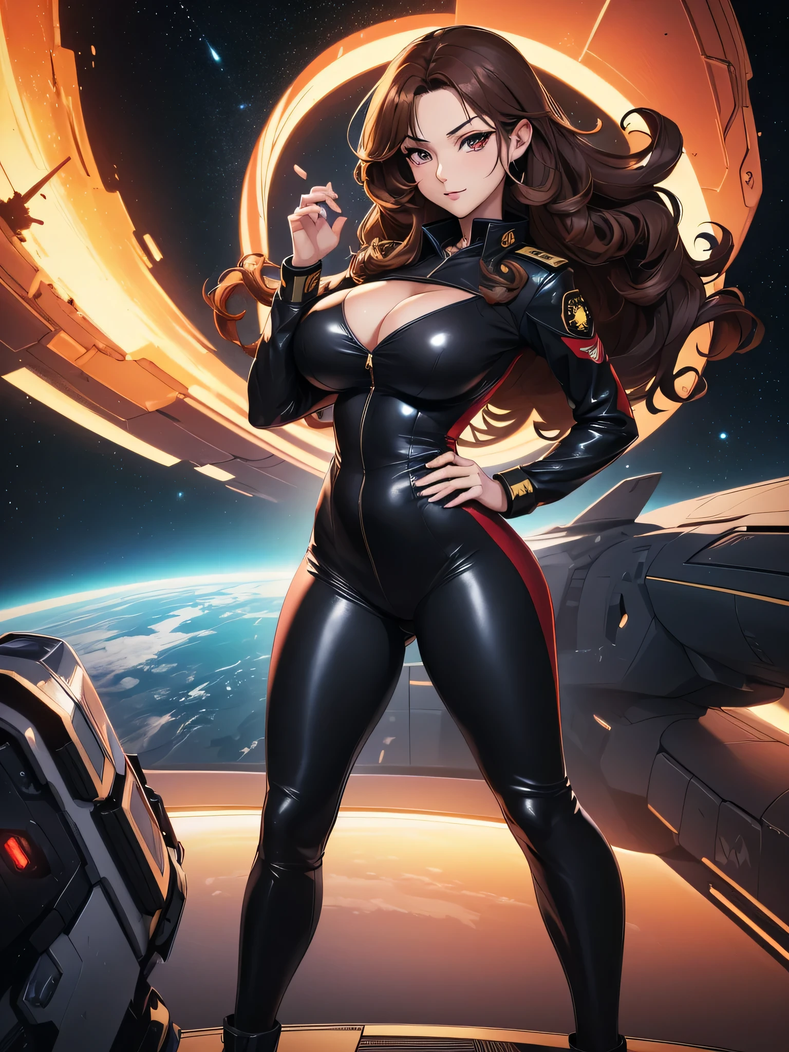 super high image, super detail, super high resolution, best quality, (full body image), ((anime)), (((masterpiece))), , (((sexy girl))), (30years old),(pretty face), (perfect body), (hourglass body shape), ((long curly brown hair)), (beautiful eyes), (bursting breasts), ((huge breasts:1.0)), (perfect breasts), (deep cleavage), (sexy), (((black space military captain uniform with red accents))), sexy expression, (((erotic pose))), (thin waist:1.0), (thick hips:1.0), (thick ass:1.0), (high quality hands), ((on spaceship))