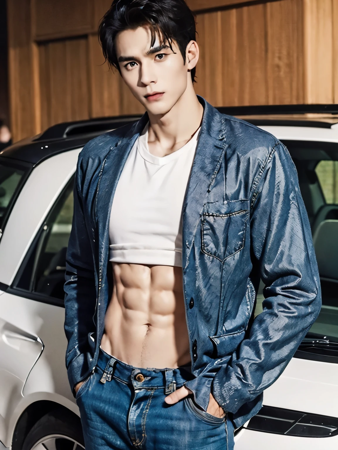 (male character design),(Messy white flying long hair:1.2), (Affectionate Chinese handsome guy Lan Ling stands in front of Mercedes Benz Big G:1.0),(Pan An’s outfits for modern and fashionable men's blue sweater suit pants:1.37),Pan An’s skin is fair and flawless,The bridge of his nose is high and straight,(long,Messy shawl hair:1.1),(double eyelids, Bright Eyes, Big clear and bright eyes),sad prince,Food with red lips and white teeth,gentle melancholy,Pan An is tall and tall.,He has a strong physique,Toned muscles,Fresh and toned abs, His exquisite facial features,Kingly style, (Main color blue:0.8),background:Mercedes Benz Big G
