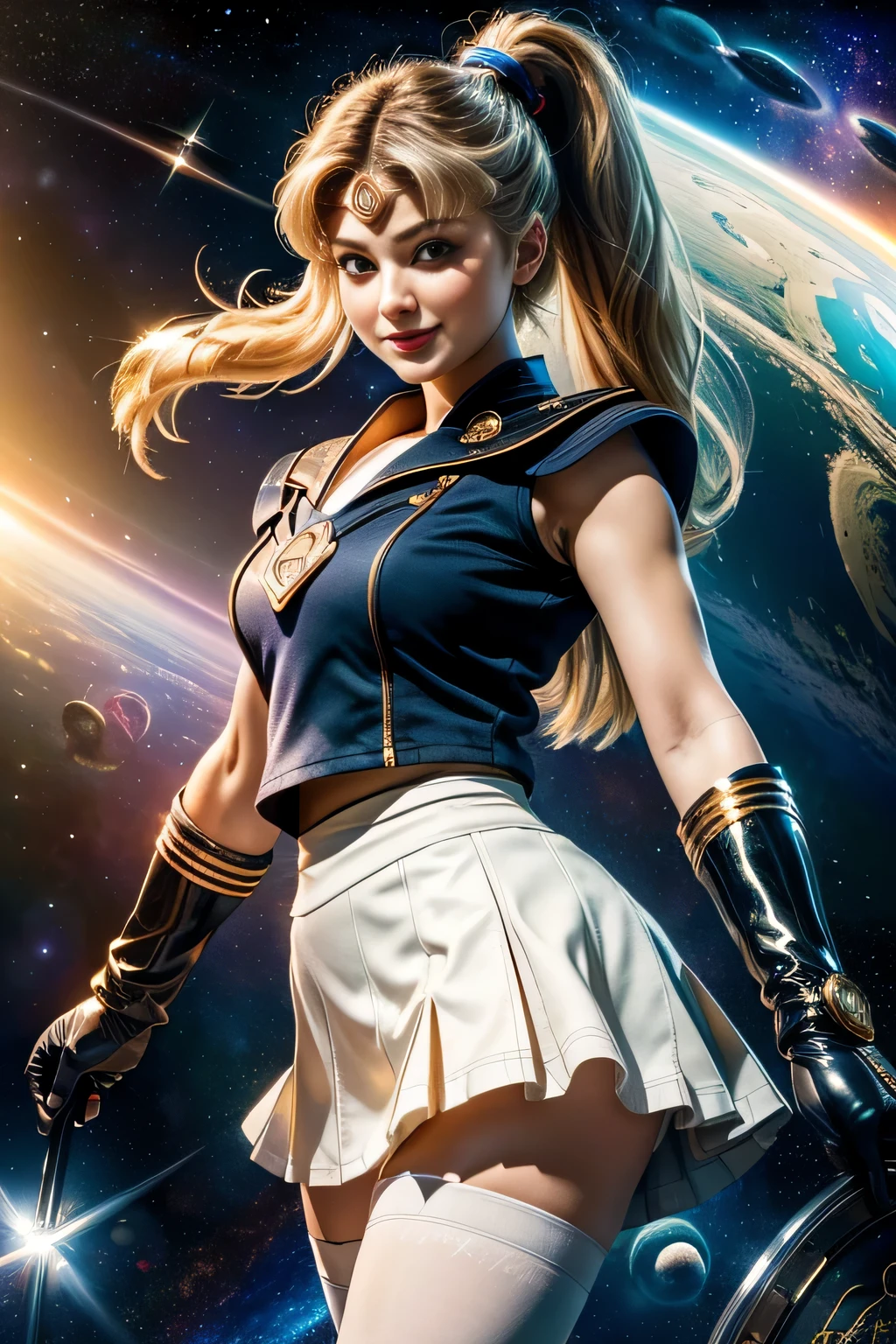 (Highly detailed CG Unity 8K wallpaper, masterpiece, 最high quality), (exquisite light and shadow, Very dramatic pictures, cinematic lens effects), (sailor moon), delicate features, plump body, double ponytail, blue eyes, long blonde hair, tight top, white gloves, mini skirt, black stockings, dynamic pose), ((The background is space)), (excellent details, excellent lighting, wide angle), (Excellent rendering is、Enough to stand out in class), pieces fly, 最high quality, Super detailed, masterpiece, 最high quality, high quality, High resolution、Nikkat、unparalleled beauty、big, Round Shield