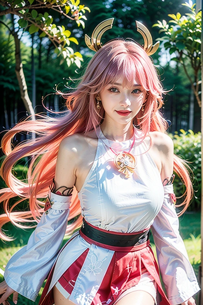 face lighting,bright backlight,medium breasts,super high resolution,best quality,Photos,4k,shenzi,1girl,yae miko,solo,long hair,pink hair,detached sleeves,looking at viewer,jewelry,bare shoulders,japanese clothes,bangs,wide sleeves,earrings,lips,hair between eyes,shirt,(purple eyes:1.1),animal ears,hair ornament,white shirt,day,sky,red skirt,smile,nontraditional miko,floating hair,long sleeves,skirt,thighs,
