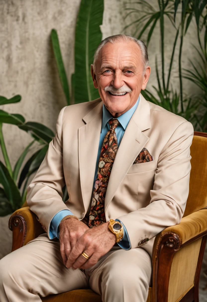 very sinister scary 60 year old man wearing a beige safari suit, large ruby stone ring, gold bracelet, smiling, 80's children's television presenter, promo photo, smug smirk, promotional portrait, promo image, television set background, sitting in an old armchair