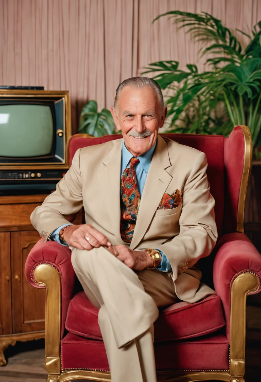 very sinister scary 60 year old man wearing a beige safari suit, large ruby stone ring, gold bracelet, smiling, 80's children's television presenter, promo photo, smug smirk, promotional portrait, promo image, television set background, sitting in an old armchair