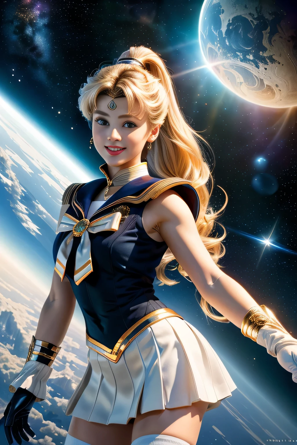 (Highly detailed CG Unity 8K wallpaper, masterpiece, 最high quality), (exquisite light and shadow, Very dramatic pictures, cinematic lens effects), (sailor moon), delicate features, plump body, double ponytail, blue eyes, long blonde hair, tight top, white gloves, mini skirt, black stockings, dynamic pose), ((The background is space)), (excellent details, excellent lighting, wide angle), (Excellent rendering is、Enough to stand out in class), pieces fly, 最high quality, Super detailed, masterpiece, 最high quality, high quality, High resolution、Nikkat、unparalleled beauty