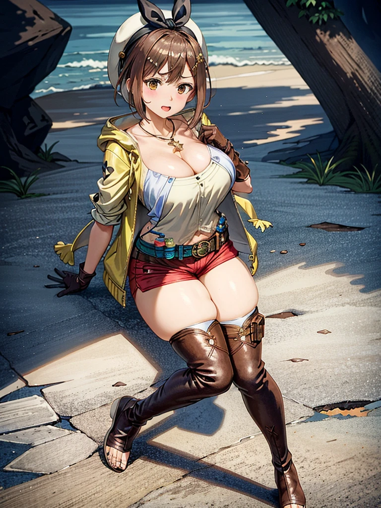 (seiza:1.3), ((sexy look)), ((adult women)), riser, 1 girl, alone, shorts, gloves, belt bag, have, head ribbon, jewelry, 赤いshorts, brown hair, thick thighs, short shorts, bridal legwear, necklace, brown eyes, single glove, hair ornaments, Barrette, star necklace, leather, star (symbol), white hat, Brown gloves, Knee-high boots, short hair, thick thighs, leather Belt, brown belt, leather gloves, Jacket, thigh boots, ノースリーブJacket, thigh pouch, white thighs, clavicle, 黄色のJacket, brown shoes, cleavage, huge breasts, big breasts, outdoor, cowboy shot, From above,