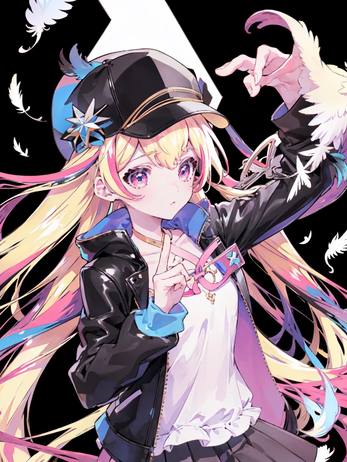1 girl、leather jacket、hat、sunglasses、shards、Black feathers、white background、simple background