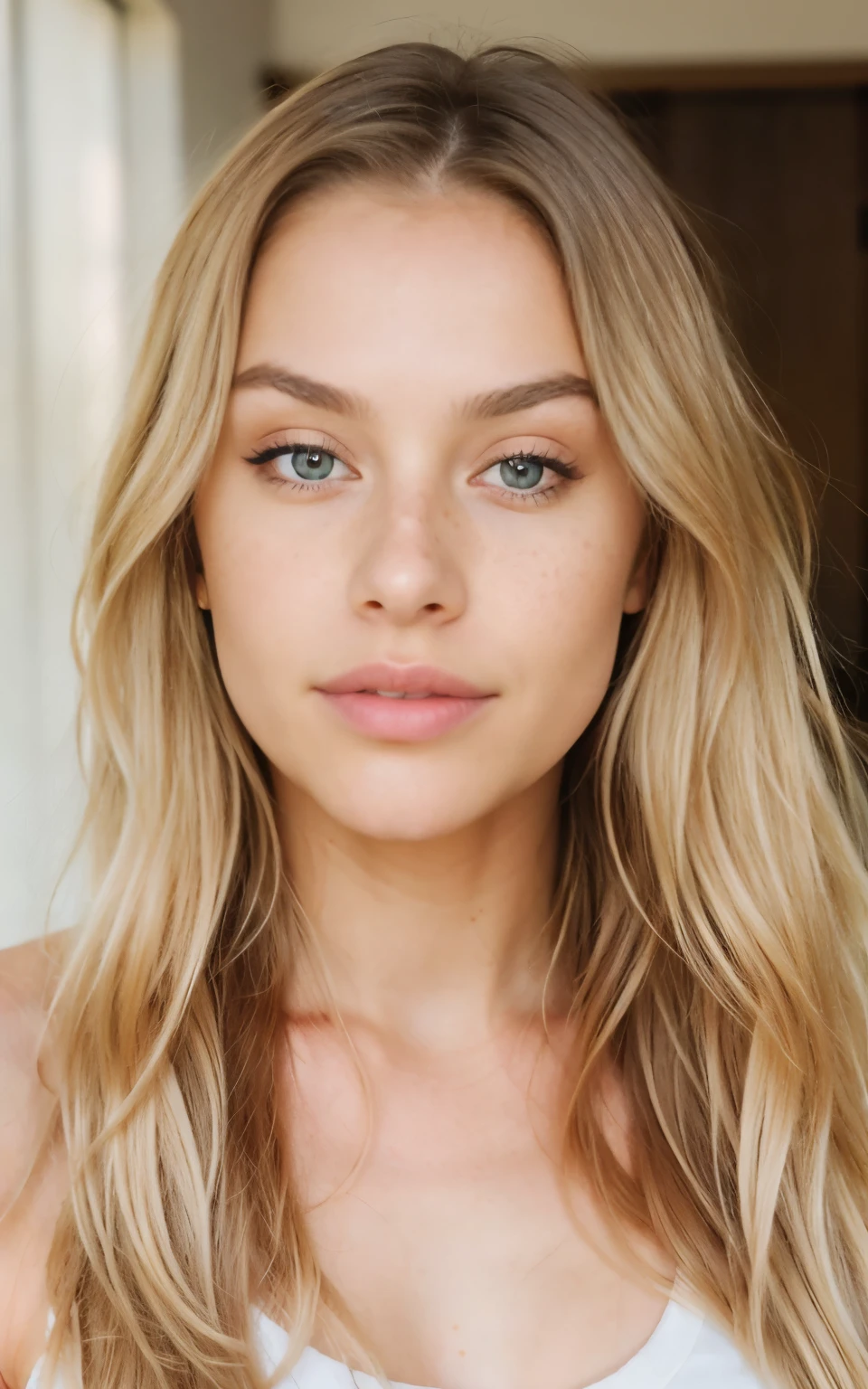 photorealistic portrait of a beautiful 20 year old girl with long blonde hair, brown eyes, hair roots slightly faded, light freckles(freckles: 0.6), Influencer, blonde hair, no makeup, facing straight