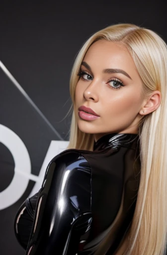 a woman in a latex outfit posing for a picture, tumblr, plasticien, in a black betch bra, 🤬 🤮 💕 🎀, a gorgeous blonde, backdrop, frontal close up, 21 years old, open top, official product photo, actress, year 2447, very detailed and high quality, deluxe, looking to the side