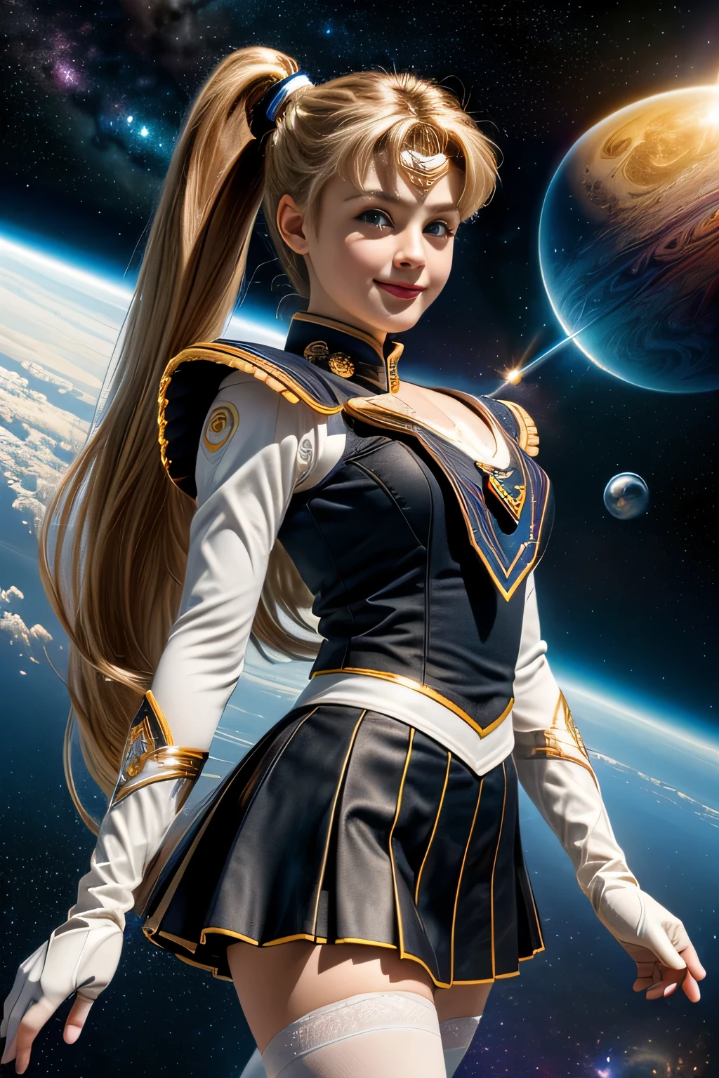 (Highly detailed CG Unity 8K wallpaper, masterpiece, 最high quality), (exquisite light and shadow, Very dramatic pictures, cinematic lens effects), (sailor moon), delicate features, plump body, double ponytail, blue eyes, long blonde hair, tight top, white gloves, mini skirt, black stockings, dynamic pose), ((The background is space)), (excellent details, excellent lighting, wide angle), (Excellent rendering is、Enough to stand out in class), pieces fly, 最high quality, Super detailed, masterpiece, 最high quality, high quality, High resolution、Nikkat、unparalleled beauty