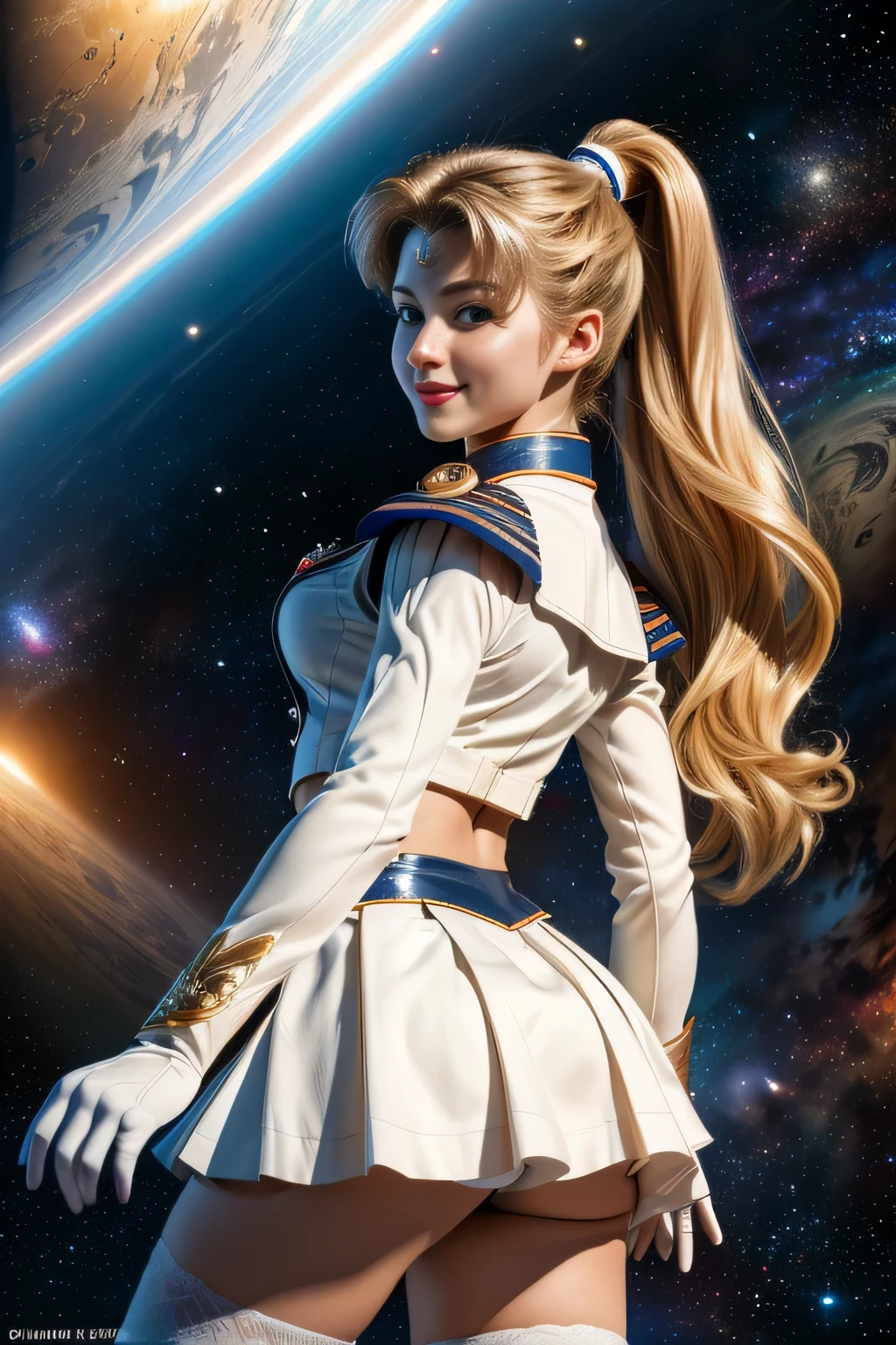 (Highly detailed CG Unity 8K wallpaper, masterpiece, 最high quality), (exquisite light and shadow, Very dramatic pictures, cinematic lens effects), (sailor moon), delicate features, plump body, double ponytail, blue eyes, long blonde hair, tight top, white gloves, mini skirt, black stockings, dynamic pose), ((The background is space)), (excellent details, excellent lighting, wide angle), (Excellent rendering is、Enough to stand out in class), pieces fly, 最high quality, Super detailed, masterpiece, 最high quality, high quality, High resolution、Nikkat、unparalleled beauty