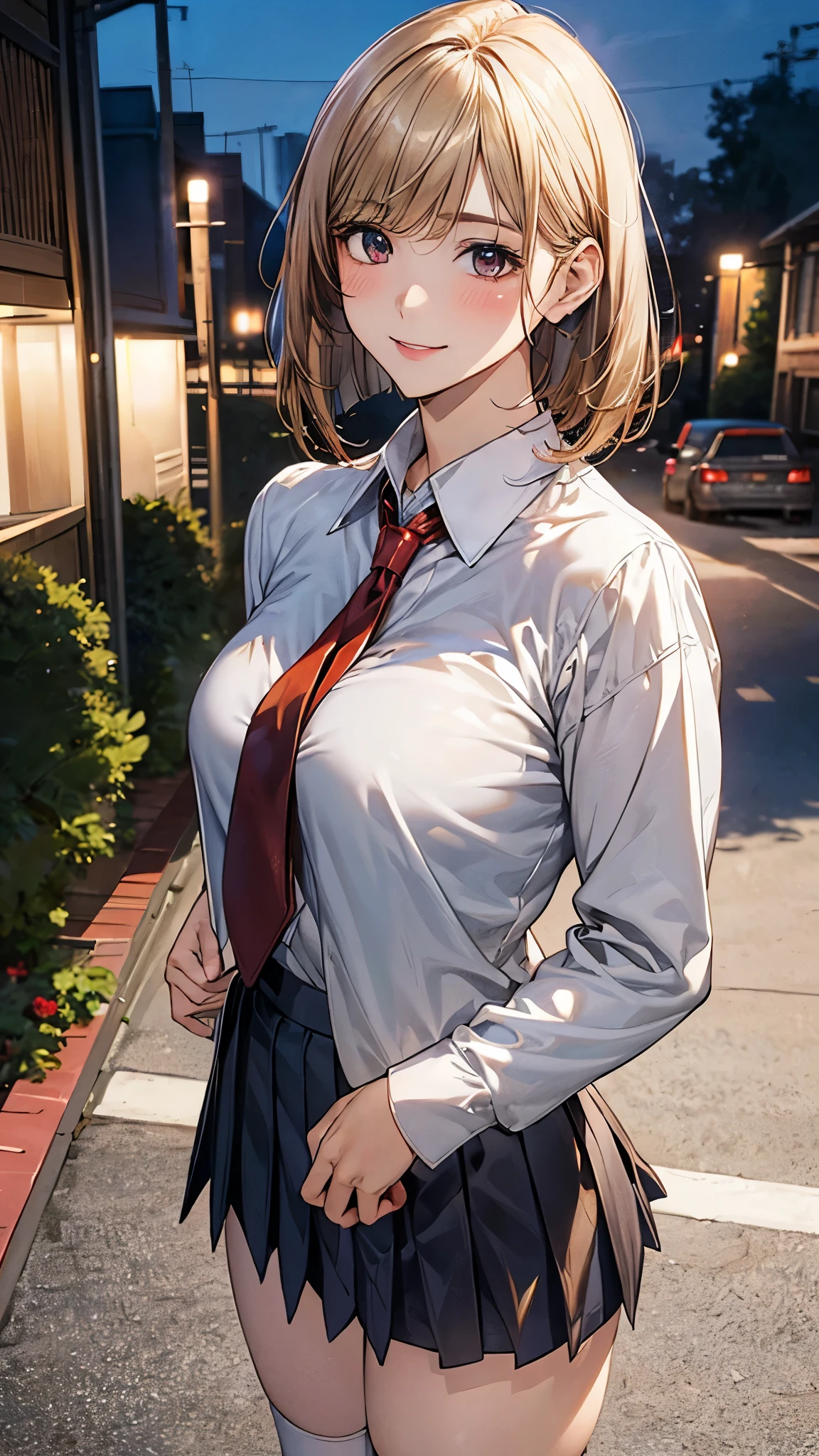 (masterpiece:1.3, top-quality, ultra high res, ultra detailed), (realistic, photorealistic:1.4), beautiful illustration, perfect lighting, natural lighting, colorful, depth of fields,
beautiful detailed hair, beautiful detailed face, beautiful detailed eyes, beautiful clavicle, beautiful body, beautiful chest, beautiful thigh, beautiful legs, beautiful fingers,
looking at viewer, 1 girl, japanese, high school girl, perfect face, (perfect anatomy, anatomically correct), cute and symmetrical face, babyface, , shiny skin,
(middle hair:1.5, straight hair:1.4, (blonde hair)), swept bangs, dark purple eyes, long eye lasher, (medium breasts), slender,
((collared white shirt, navy pleated skirt, dark red tie)), navy school socks, ,
(beautiful scenery), evening, (high school), standing, hands on chest, (seductive smile, open mouth),