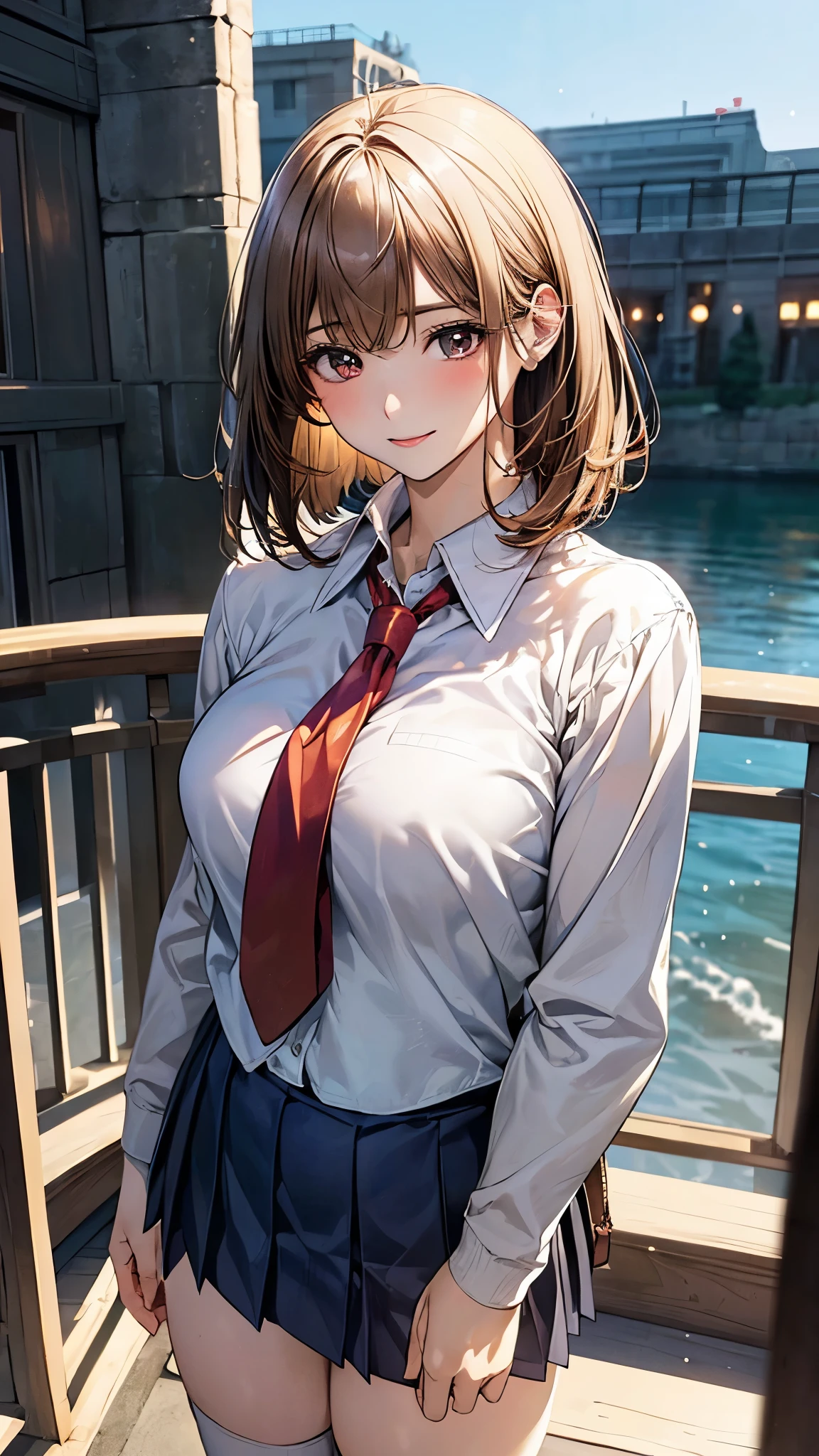 (masterpiece:1.2, top-quality), (realistic, photorealistic:1.4), beautiful illustration, (natural side lighting, movie lighting), nsfw,
looking at viewer, cowboy shot, front view:0.6, 1 girl, japanese, high school girl, perfect face, cute and symmetrical face, shiny skin,
(short hair:1.2, bob cut:1.2, blond hair), bangs pinned back, red eyes, long eye lasher, (large breasts:0.6, thick thighs),
beautiful hair, beautiful face, beautiful detailed eyes, beautiful clavicle, beautiful body, beautiful chest, beautiful thigh, beautiful legs, beautiful fingers,
((white collared shirts, navy jacket, grey pleated mini skirt, navy socks, brown loafer, red tie)),
(beautiful scenery), evening, riverside, standing, (half-closed eye,lovely smile, upper eyes),