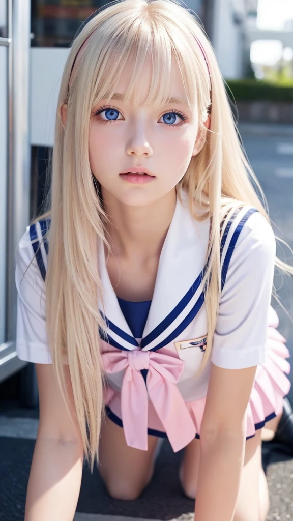 bust shot、pink sailor suit、uniform、Very beautiful Swedish 16 year old beautiful girl、shiny dazzling shiny skin、beautiful bangs、Very long and straight silky beautiful platinum blonde、super long straight hair、eyeliner、small face、big、 Crystal clear marine blue eyes that shine beautifully、Beautiful and bright girl、crawl on all fours