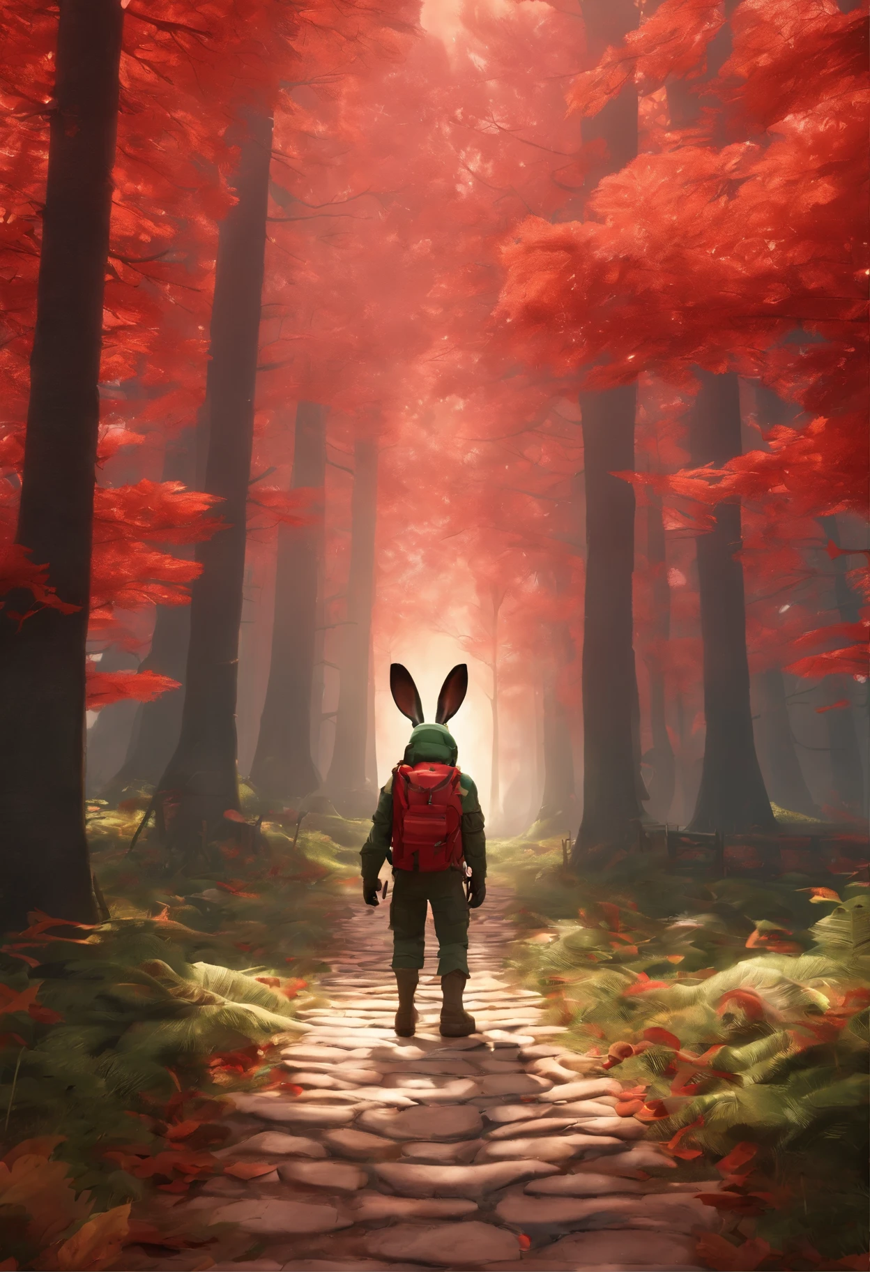 3D rendering of (A rabbit with glasses and a hat stands on the path between the autumn leaves), hairy, Green bright rabbit, (Binoculars hanging from your chest:1.37), Green fashion adventure clothing,green shorts, Wear red hiking boots on your feet,, cute ears, (Red and green berets:1.34),Red and green camping hats, (Carry a green backpack with you), (trowels), (camping equipment, )Related to many adventurous tools,(compass:1.37),
Curious to explore expressions, Cartoon, 4D, Fox,
Background: Autumn Leaf Forest Trail Red Forest, autumn forest, red illuminating fog, In a red dream, really beautiful forest, Beautiful forest, Beautiful hazy wood, Red shade spray, Breathable and beautiful trees, breath-taking beautiful trees, red fog, beautiful forests and trees, Bright but dark red, red trees,{{Masterpiece}},{{{Best quality}}},{{Ultra-detailed}}, {{{illustration}}},{{Disheveled hair}},concept art of character,Game scene graph,Clear facial features,close up photograph,Photography,postapocalyptic,Masterpiece,archviz/building rendering,Quixel Megascans Render,corona rendered,rendering by octane,v-ray,High detail,hyper qualit,high resolution,trending on artstationh,hyper photorealism,surrealism,HD,8K tilt shift,Long shot,Split Lighting,