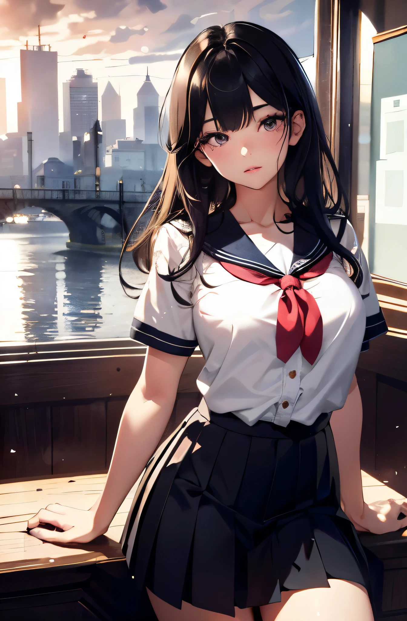 (Detailed CG、unity、8k wallpaper)、(very delicate and beautiful)、(masterpiece)、(highest quality:1.0)、(超High resolution:1.0)、beautiful lighting、realistic shadow、[High resolution]、fine skin、Super detailed、detailed face and eyes、realistic eyes、sharp pupils、big breasts、(from below:1.2)、Man's bedroom、white bed、beautiful face、blurred background、16 year old beautiful girl、shiny skin、beautiful black hair、parted bangs、T-aye、sailor suit、pleated mini skirt、curve、(You can see light panties:1.0)、frightened face、