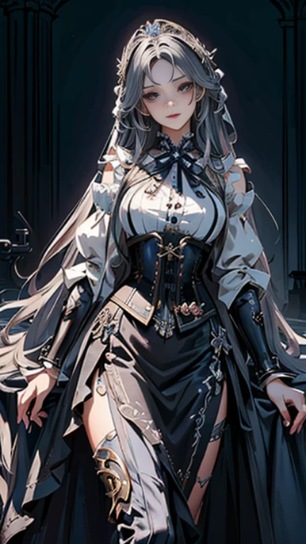 (((masterpiece)))、((highest quality))、(super detailed)、(CG illustration)、(very beautiful girl))、cinematic light、((1 Mechanical Girl))、 SF、Apocalypse、Erotic grotesque、graduate School(beautiful and luxurious:1.2)、(1 girl:1.3)、facing the front,silver long hair,corset,high waist skirt,