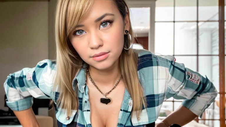 1 girl, Marin Kitagawa, young Indonesian face, plaid shirt, Black tight necklace, green liontine necklace, 3 ear piercing, downblouse, Cleavage huge breast, long hair, blonde hair, realistic, ultra detailed, 70mm red eye contacts lens,