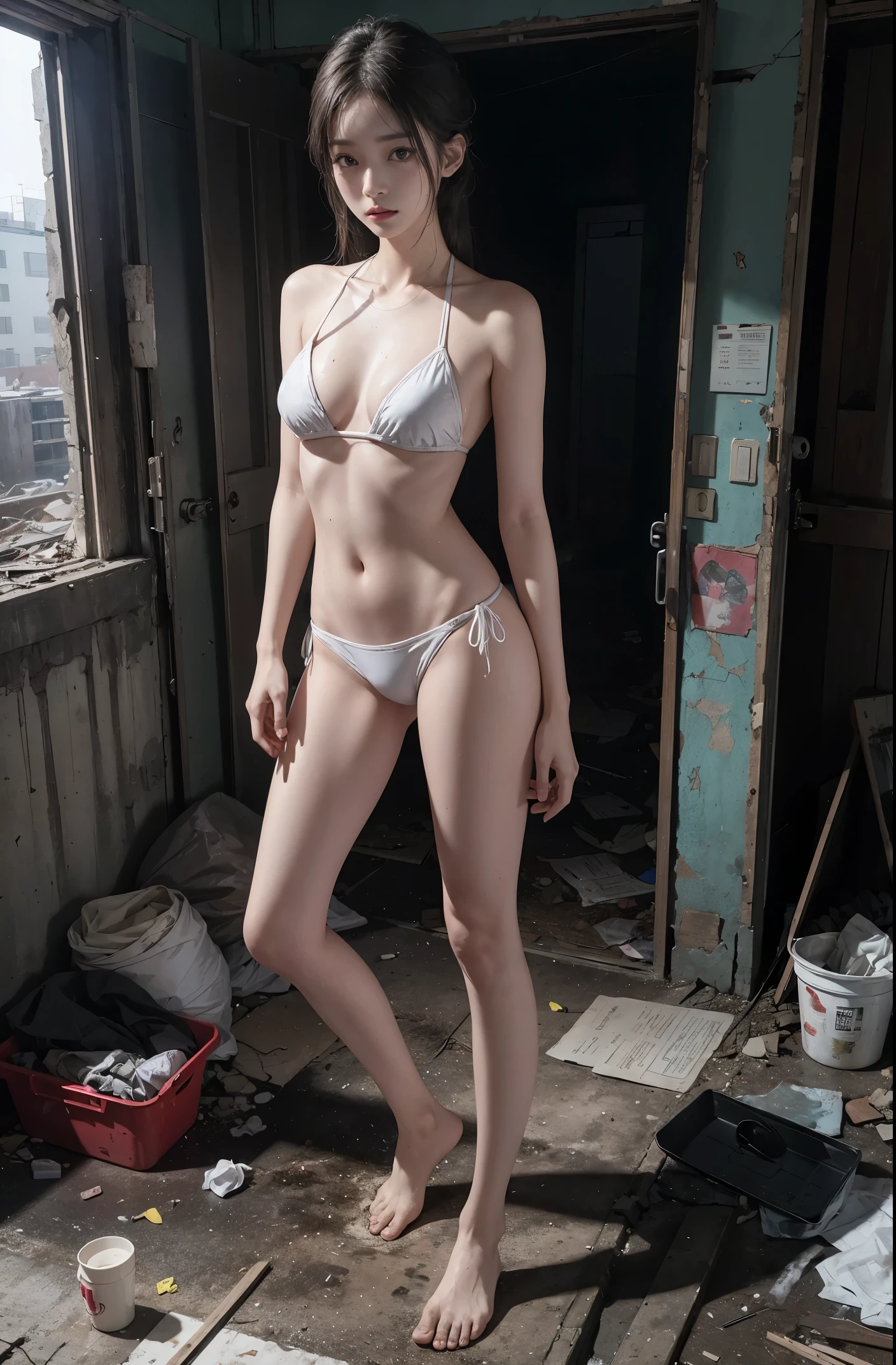 masterpiece,Photorealistic,On an abandoned construction site,Dark light and shadow,Dirty 6:1,Dilapidated,Garbage all over the ground,Stinks to heaven,Disgusting,disgusting,Destroyed,Broken doors and windows,random accumulation of debris,The ground is a mess,pee stain, Sweat, sewage, splash,肮脏的地面已经Dilapidated,Very beautiful 25 year old tall slim Korean girl,The sad face of the homeless, sad expression of despair,Sexually harassed by 3 men,White sexy bikini ripped and exposed ,Very nice thin legs,barefoot,Random whole body exposure,extreme exhibitionist,(((Random exposure of whole body)))