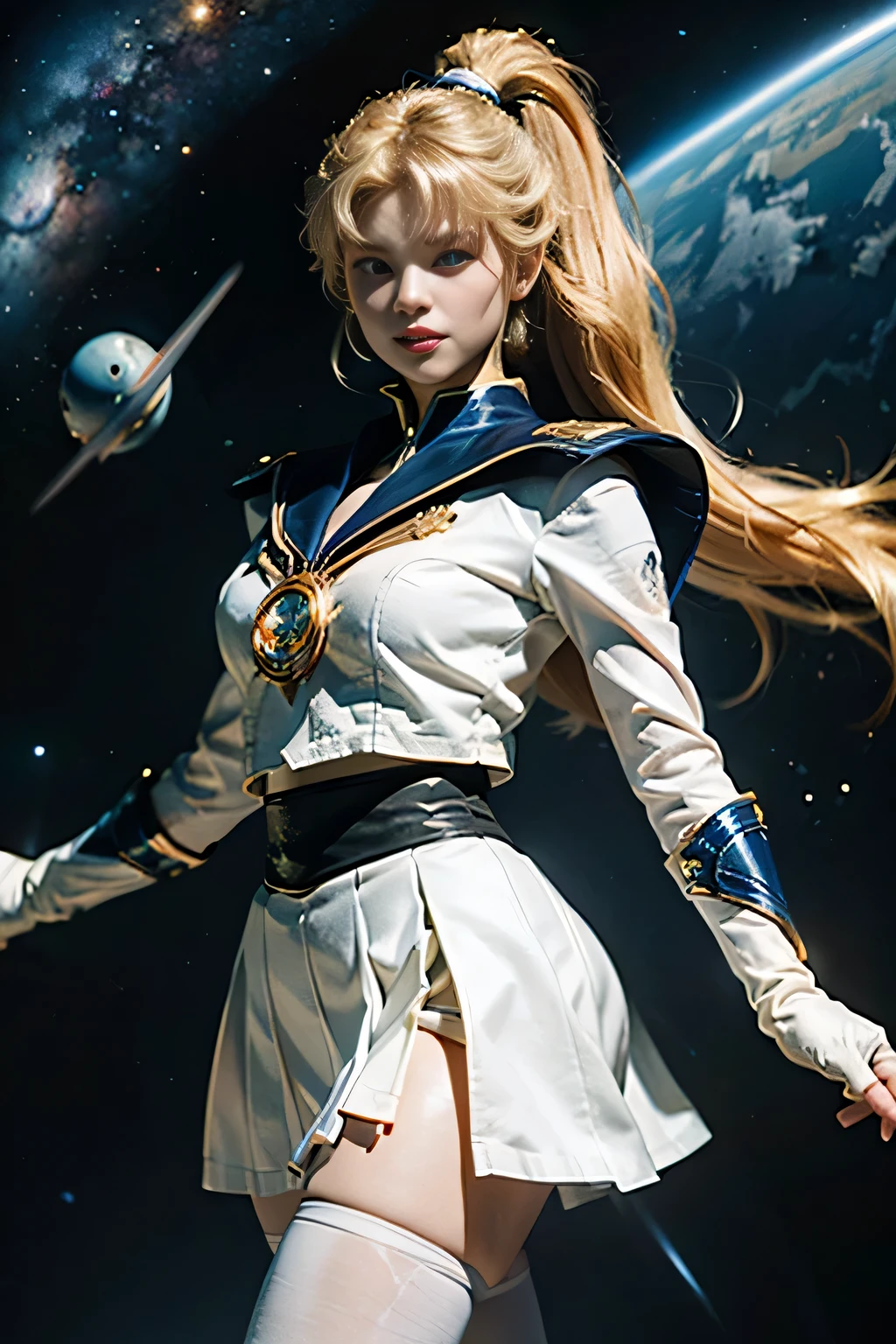 (Highly detailed CG Unity 8K wallpaper, masterpiece, 最high quality), (exquisite light and shadow, Very dramatic pictures, cinematic lens effects), (sailor moon), delicate features, plump body, double ponytail, blue eyes, long blonde hair, tight top, white gloves, mini skirt, black stockings, dynamic pose), ((The background is space)), (excellent details, excellent lighting, wide angle), (Excellent rendering is、Enough to stand out in class), pieces fly, 最high quality, Super detailed, masterpiece, 最high quality, high quality, High resolution、Nikkat