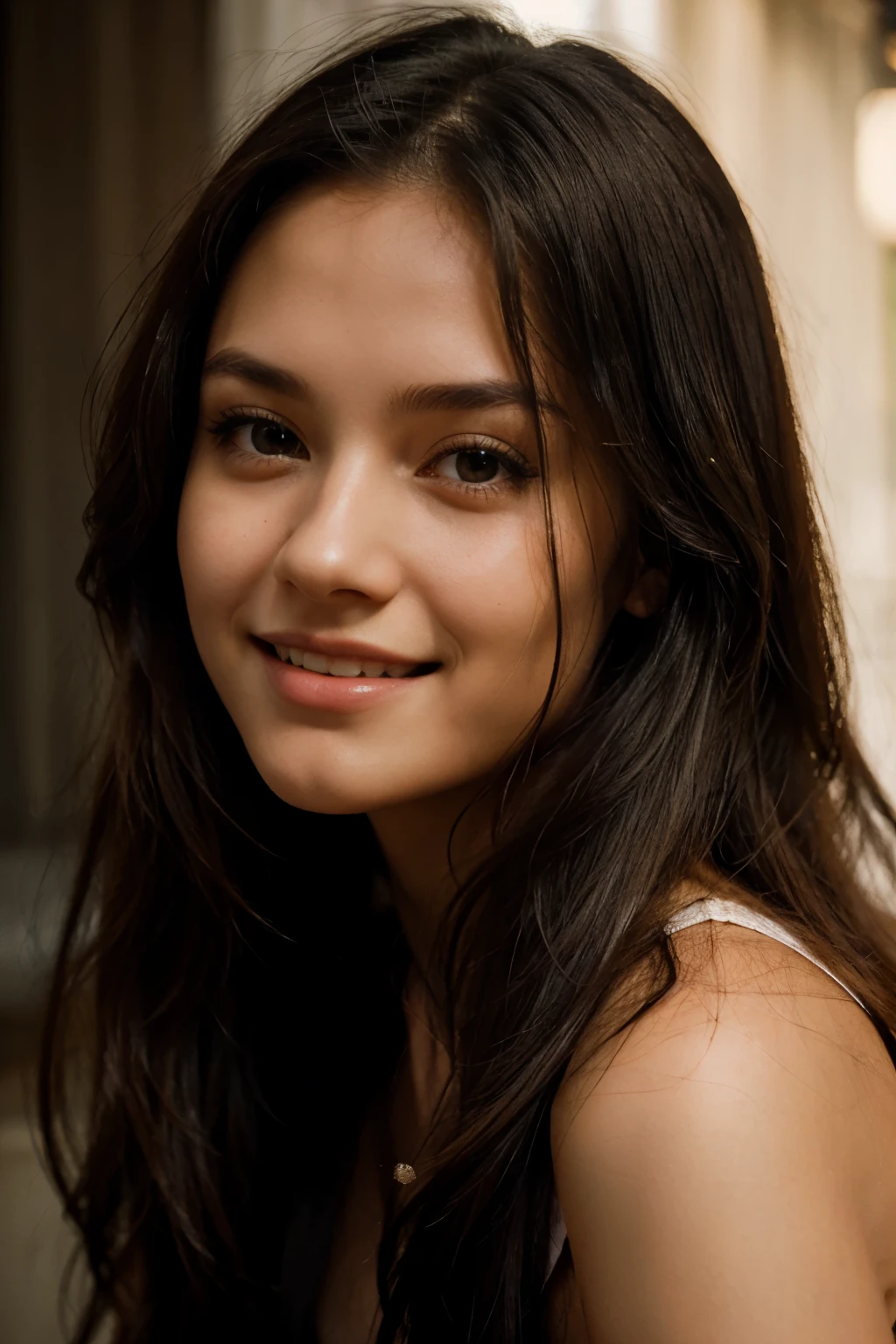 Beautiful, fair skin, dark long hair, young lady with a sweet smile., hyperdetailed photography, Soft light cover with head and shoulders portrait.