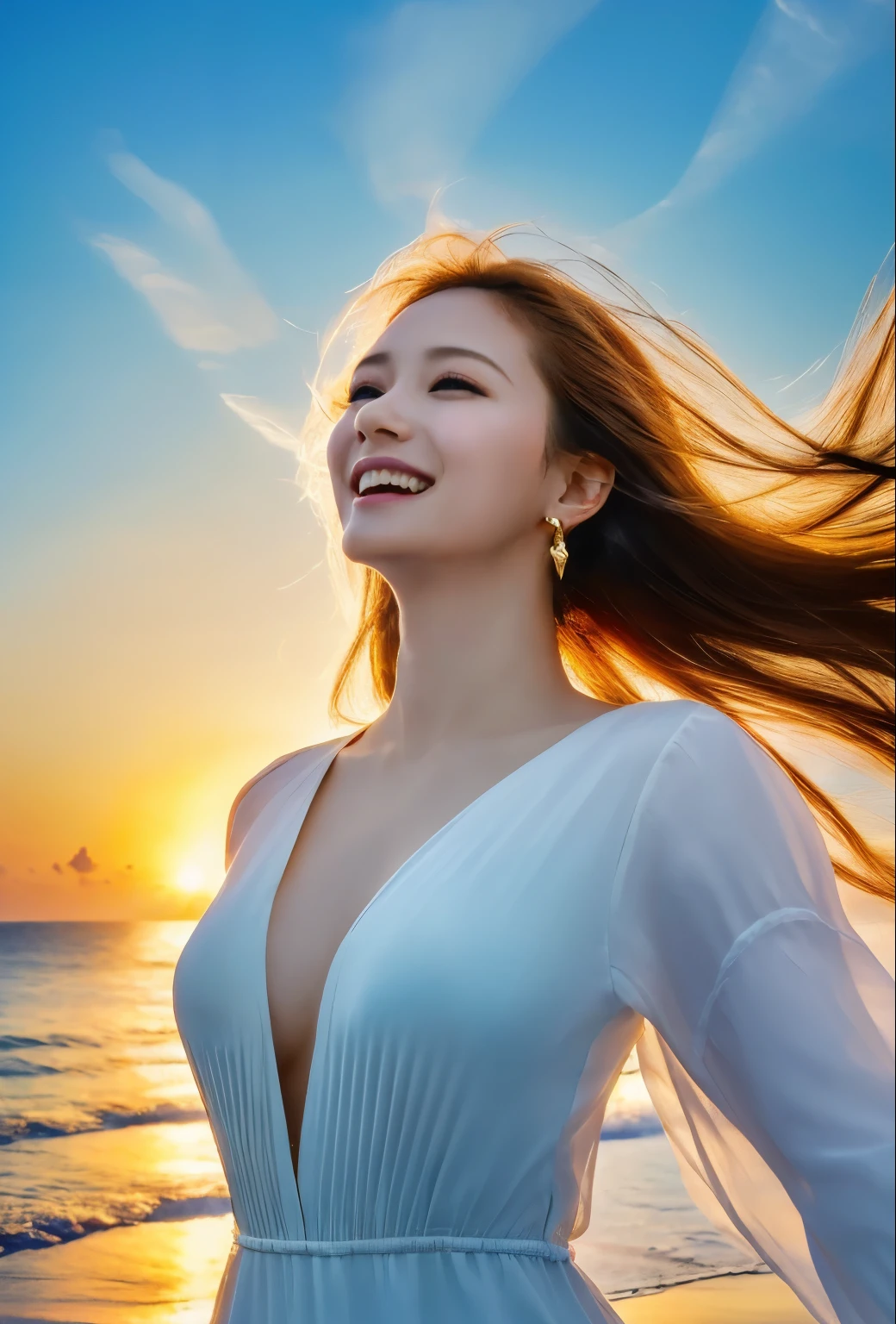 portrait of a beautiful Indonesian girl with long, wide flowing hair, wearing a bright white robe, floating in the air, laughing out loud looking at the camera, spooky forest background, at night, expose breast, medium breast, real hyperrealistic,incredibly absurdres, ultra detailed, high resolution, realistic lighting, photorealism, hyperrealism,masterpiece,vibrant colors,stunning visuals,ultra skin texsture,stable diffusion,perfect anatomy,crazy details