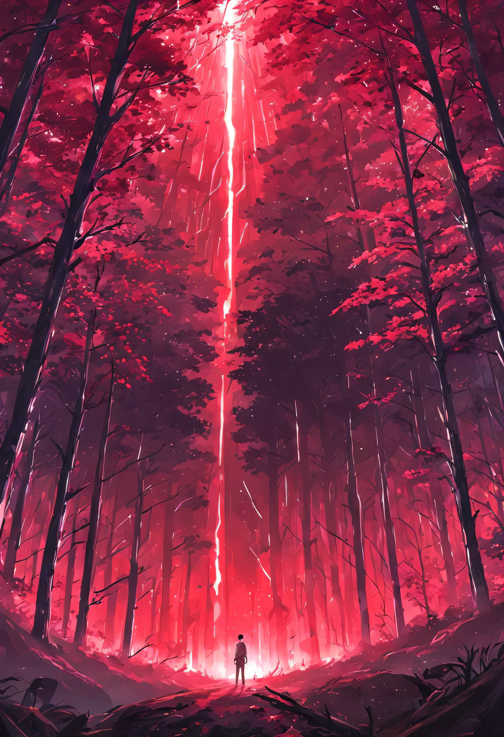 masterpiece, concept art, panoramic, illustration, wide shot, 1men, standing, Forest, Red forest, Blood Forest, night, space galactic background, (epic composition, epic proportion), dynamic lighting, vibrant color, Makoto shinkai, Kimi no nawa inspired,