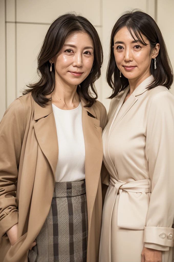 best quality, High resolution, Hires, skin definition, detailed skin, detailed eyes, detailed face, 4K, 日本人mature woman, ((solo)), (((50 years old))), (wrinkles at the corners of the eyes:1.6), (nasolabial folds:1.7), mature woman, sex appeal, sexy, fair skin, ((wavy long hair)), Looking at Viewer,(((my skin is old))), ((muscles are old)), (((very large breasts:1.28))), ((loose breasts)), (flaccid butt), ((japanese model)), 4K, (photoReality:1.5), Reality, ticker, Beautiful, Bimbo, Perfect makeup, eye make up:1.9, small diamond necklace, earrings, {((Brown trench coat)), (((white undershirt))), (Houndstooth plaid tight skirt), (black long boots )}, smile, Public place,full body photo,