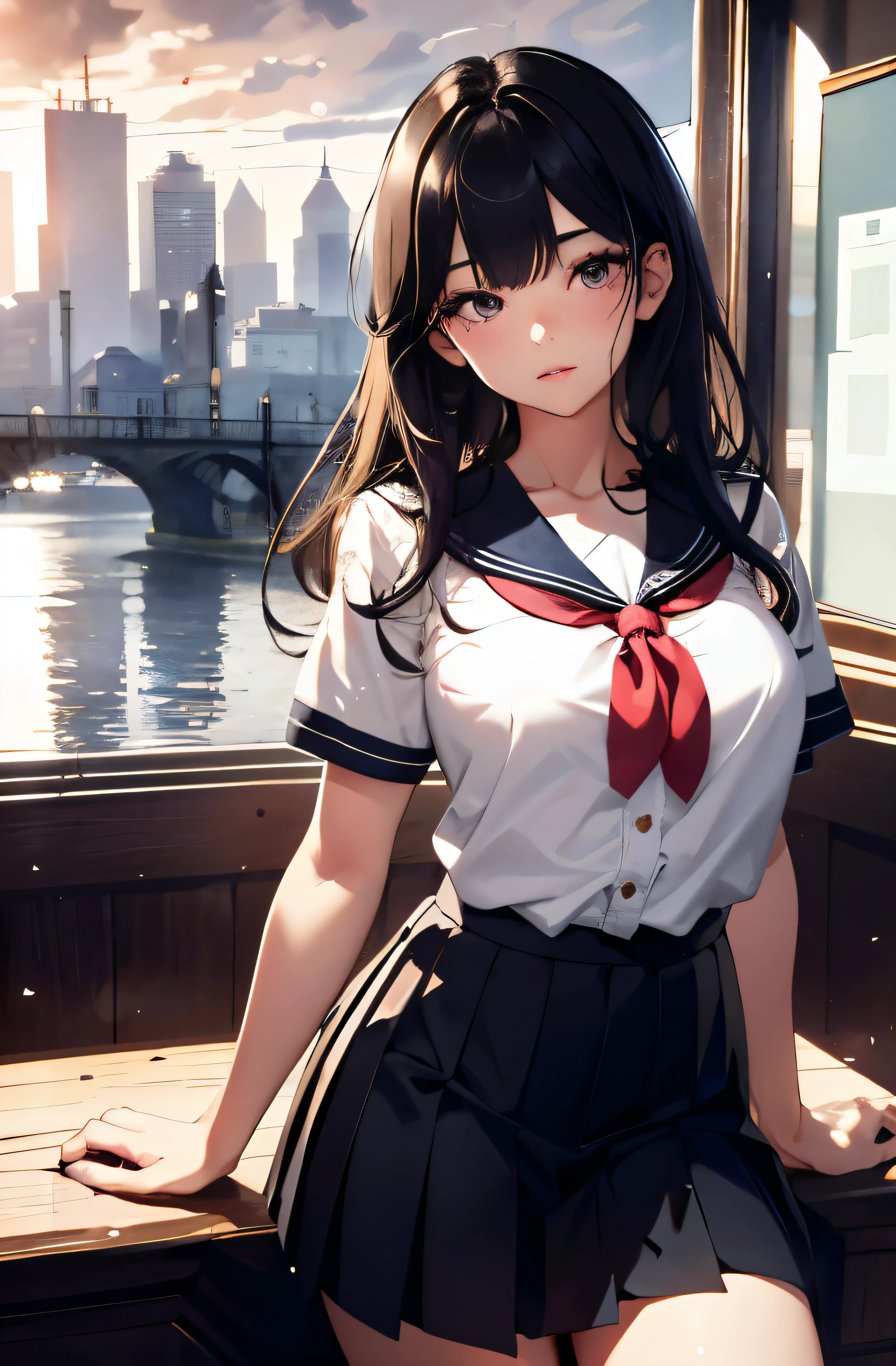 (Detailed CG、unity、8k wallpaper)、(very delicate and beautiful)、(masterpiece)、(highest quality:1.0)、(超High resolution:1.0)、beautiful lighting、realistic shadow、[High resolution]、fine skin、Super detailed、detailed face and eyes、realistic eyes、sharp pupils、big breasts、(from below:1.2)、Man's bedroom、white bed、beautiful face、blurred background、 beautiful girl、shiny skin、beautiful black hair、parted bangs、Teai、sailor suit、pleated mini skirt、curve、(You can see light panties:1.0)、frightened face、