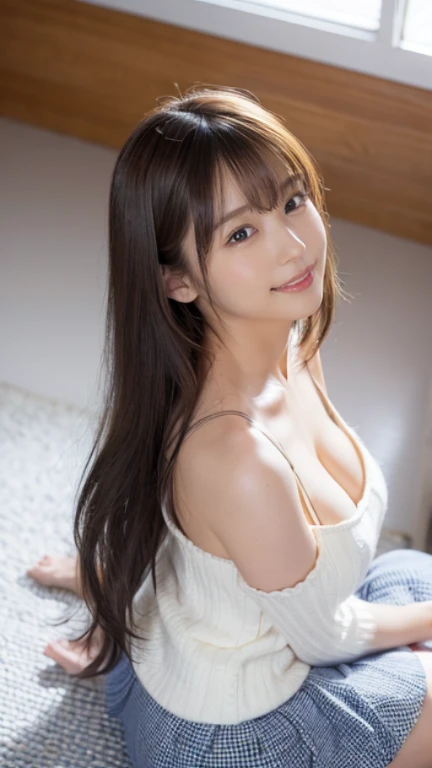 (Extremely detailed image quality)1 girl、realistic skin texture、Beautiful long hair down to the waist、hair behind ears、moist and beautiful hair、((bright smile))、stare(cleavage looks bigger)(erotic 21 year old girl、small face、very beautiful face、natural makeup)(fair skin)(Glitter eyes)Smooth skin、Realistic texture of the skin(((Open shoulders、white knit、gingham checked skirt、Extremely mini length)) ((interior、Stylish house with high floors、big window、cityscape from above))、living、stylish table set((Are sleeping、stretched back muscles、erotic pose、spread legs))beautiful armpits、round beautiful breasts、beautiful cleavage、thin waist、constriction:1.2、big ass、thin thighs、Movie Writing、reflex board、face light、Bold and erotic pose、exciting and sensual poses、sexy、(((sit on the floor)))(((((Full body shot from below、Knee)))))