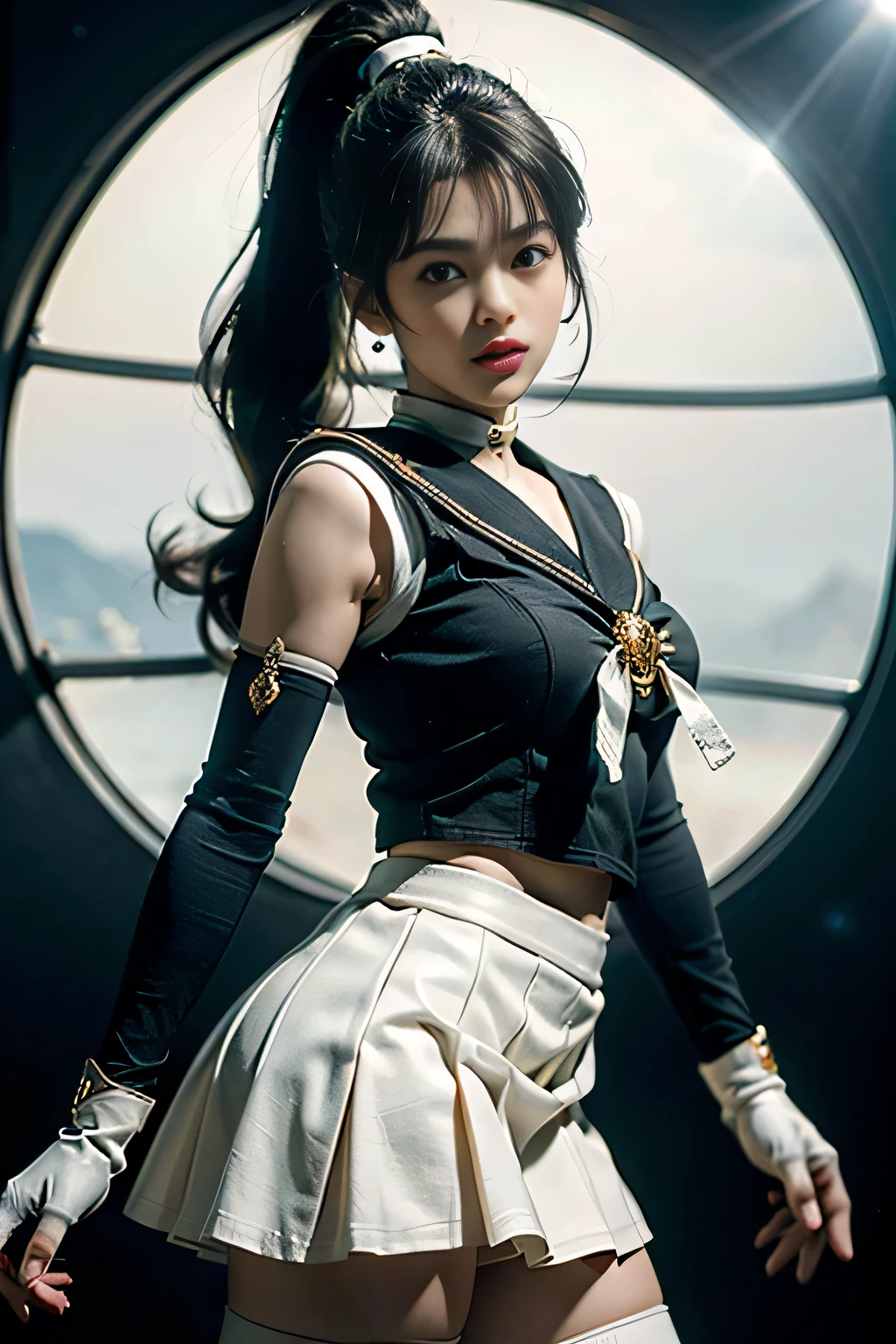 (Highly detailed CG Unity 8K wallpaper, masterpiece, 最high quality), (exquisite light and shadow, Very dramatic pictures, cinematic lens effects), (sailor moon), orgasmic expression, delicate features, plump body, double ponytail, blue eyes, long blonde hair, tight top, white gloves, mini skirt, black stockings, dynamic pose), The background is space (excellent details, excellent lighting, wide angle), (Excellent rendering is、Enough to stand out in class), pieces fly, 最high quality, Super detailed, masterpiece, 最high quality, high quality, High resolution