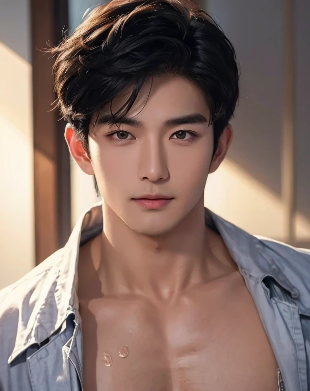 ((High quality)), ((masterpiece)), ((highly detailed)), perfect face, realistic, ((man)), ((Asian)), young, black hair, comma hair cut style, ((handsome)), detailed eyes, beautiful detailed nose, realistic body, realistic light, comfortable expressions, cute guy, sweat guy, cool guy, mascular body, shirtless