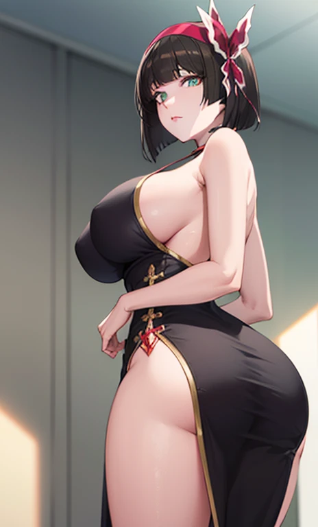 Mio same as the original, Mio, , (puss)
break , (China dress), (view from below), (Put your arms back and back), (Crotch cutout), Are standing, closed view,
break looking at viewer,
break, Home,
break (masterpiece:1.2), highest quality, High resolution, unity 8k wallpaper, (figure:0.8), (beautiful and fine eyes:1.6), highly detailed face, perfect lighting, Very detailed CG, (perfect hands, perfect anatomy),big breasnd, black gloves, hair ribbon, spider web print, sash, heart, hair ribbon,